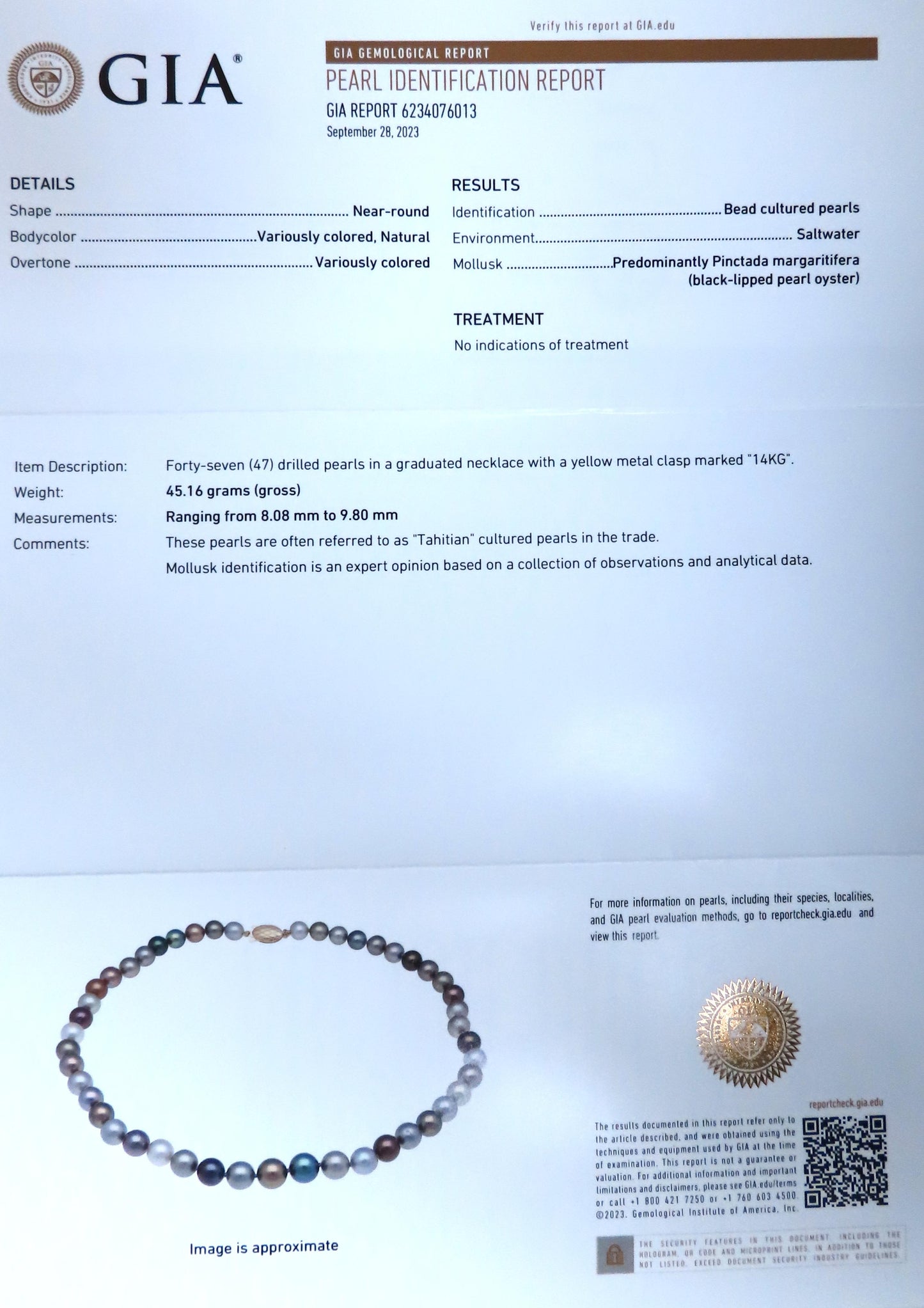Natural Saltwater Tahitian Pearl Necklace GIA Certified Pinctada No Treat 12641