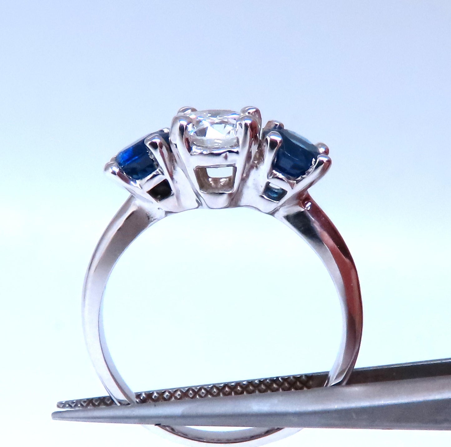 GIA Certified .82ct Natural Diamond Sapphire Three Stone Ring 14kt 54417