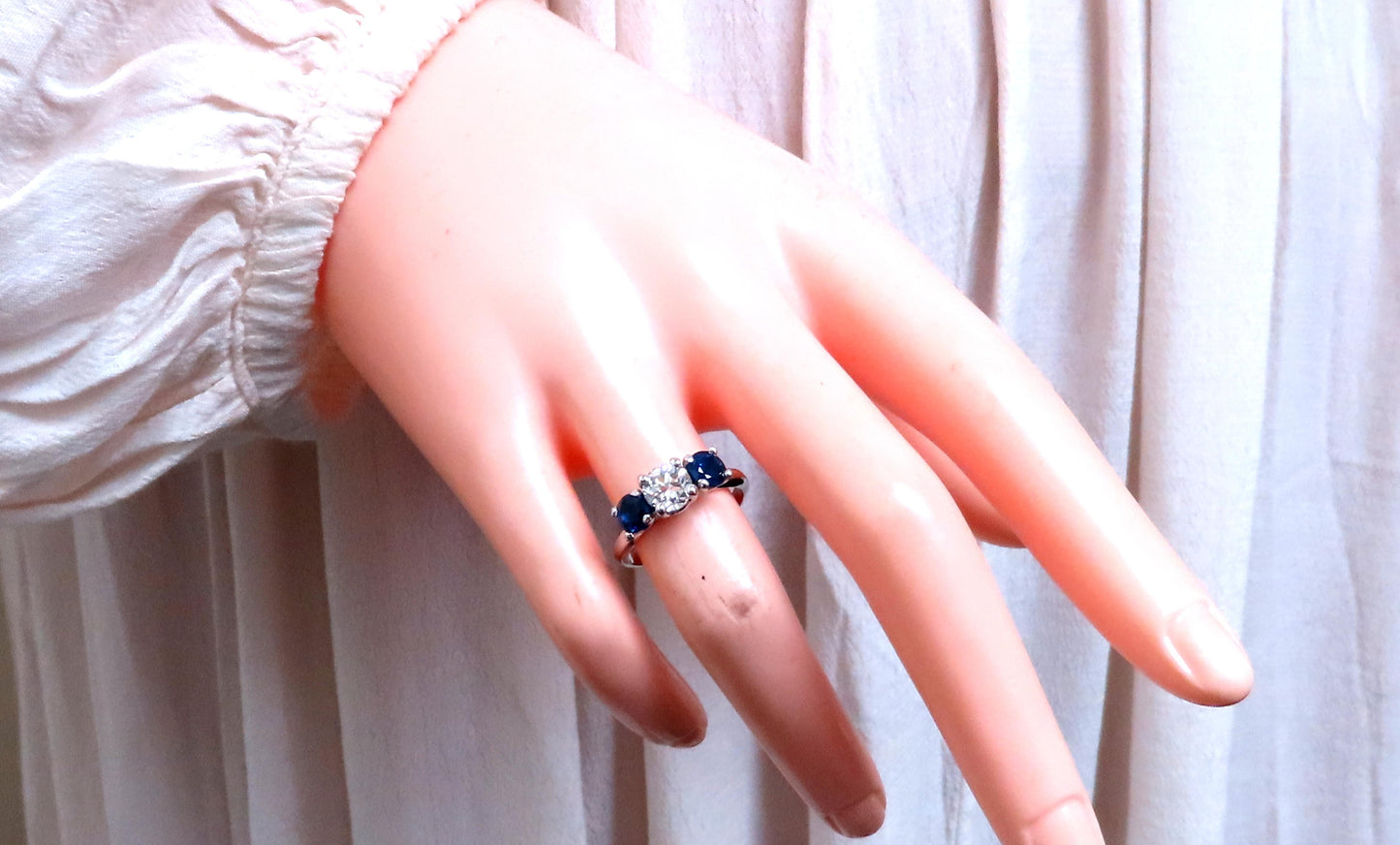 GIA Certified .82ct Natural Diamond Sapphire Three Stone Ring 14kt 54417