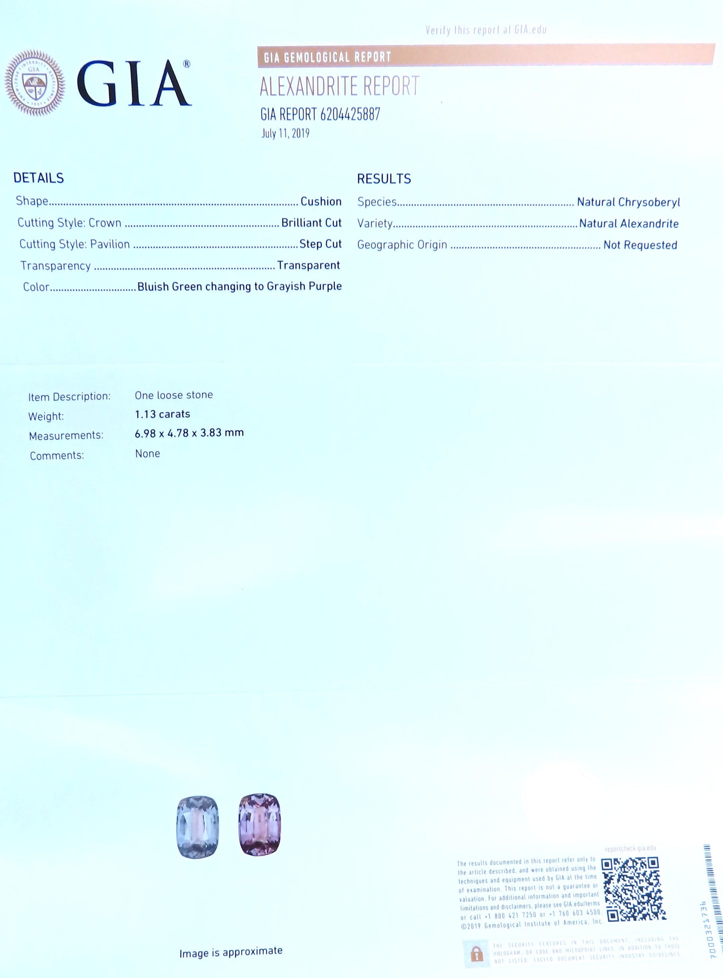 GIA Certified 1.13ct Natural Alexandrite Color change 54774