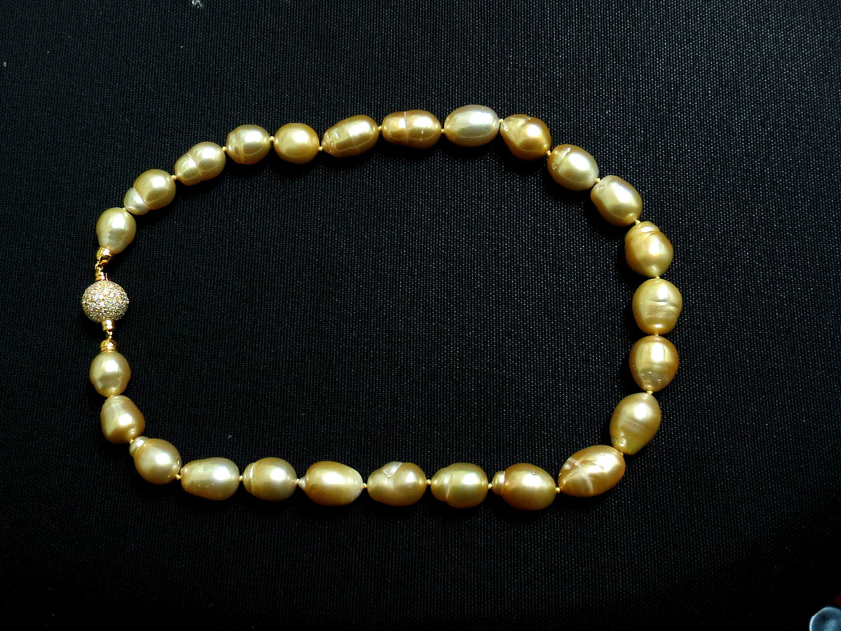 18KT 14.5M NATURAL SOUTH SEA YELLOW PEARLS NECKLACE 2.00CT DIAMOND CLASP *v