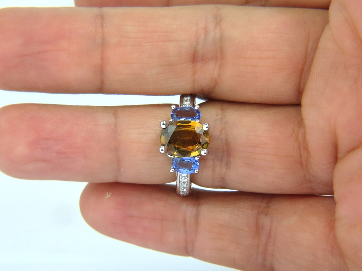 3.68CT NATURAL FANCY VIVID YELLOW BROWN SAPPHIRE TANZANITE DIAMONDS RING 14KT *v