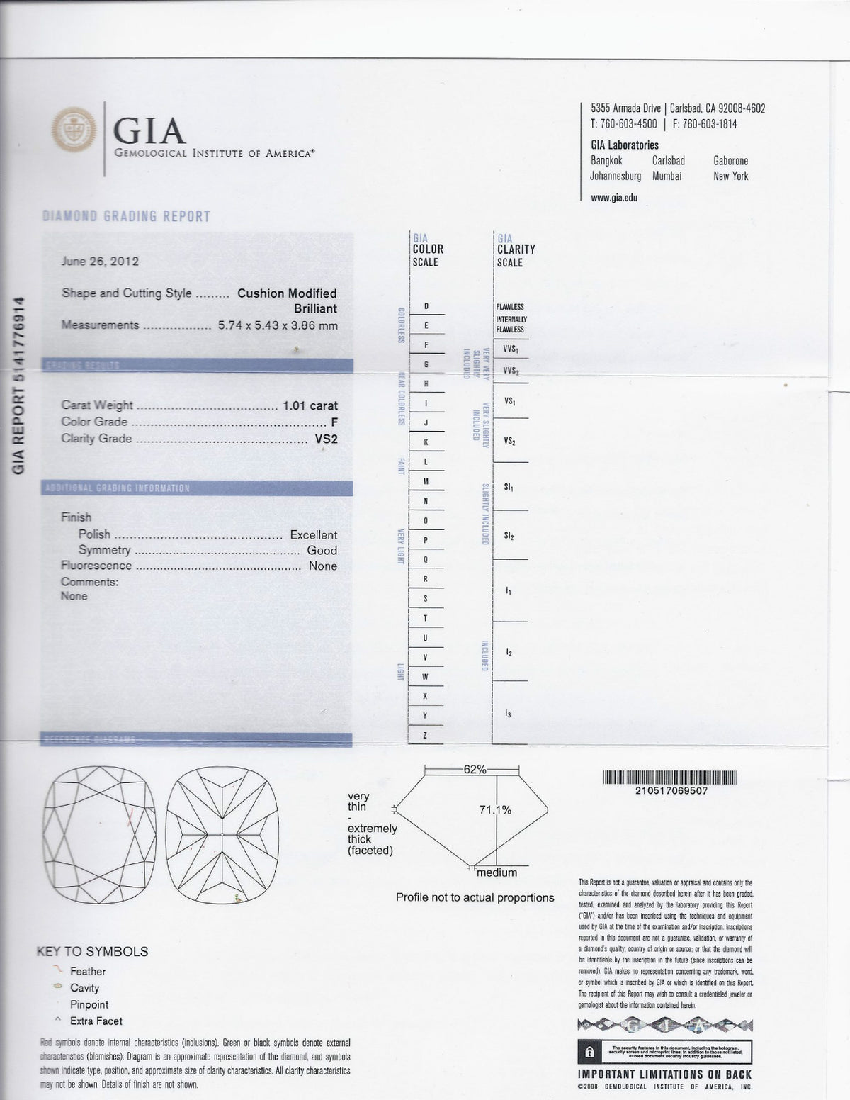 GIA 2.41CT F/VS CUSHION BRILLIANT NATURAL DIAMOND BAGUETTE PLATINUM RING *v