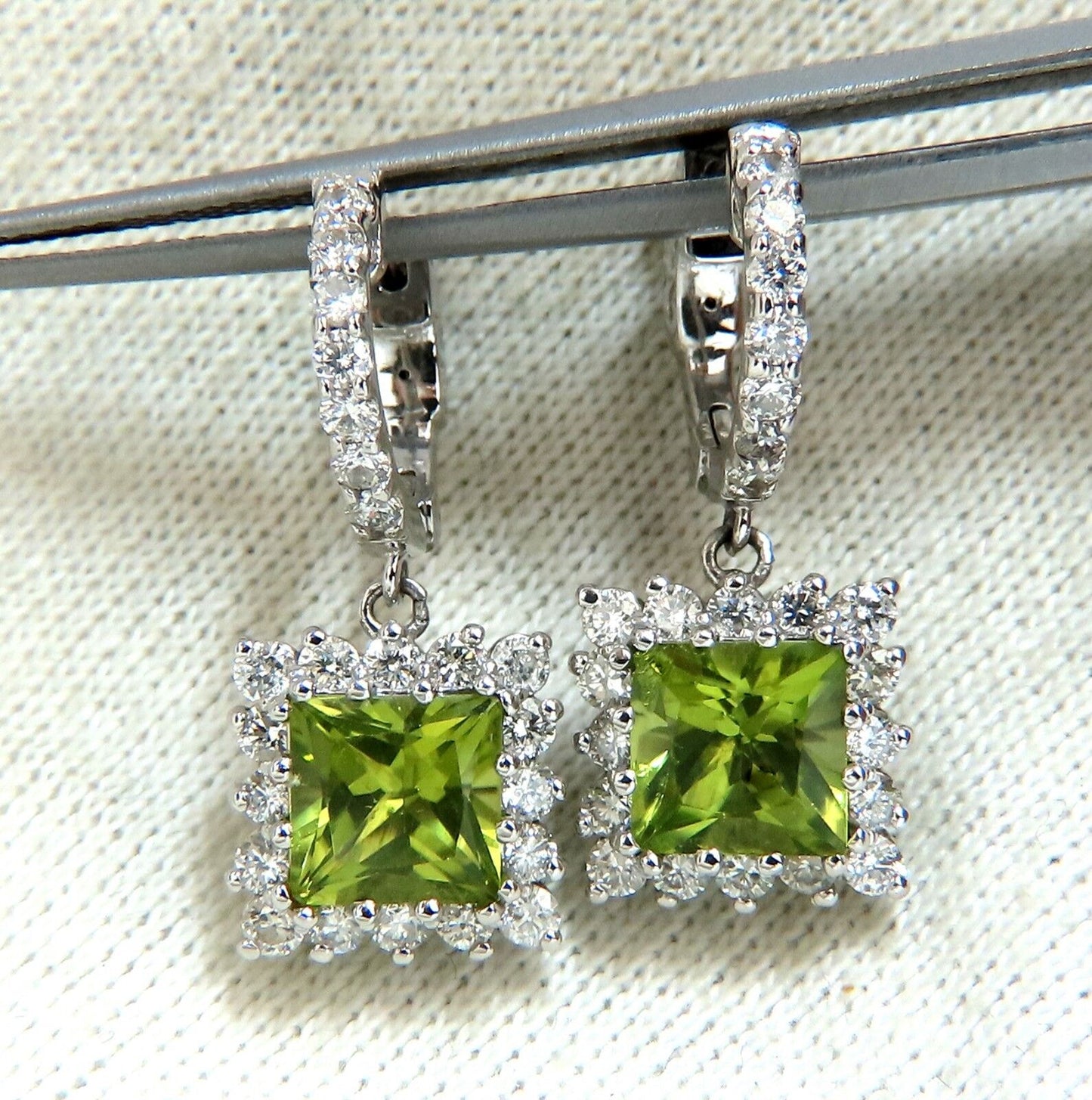 3.68ct Natural Peridot 1.36ct Diamond Dangle Earrings 14 Karat
