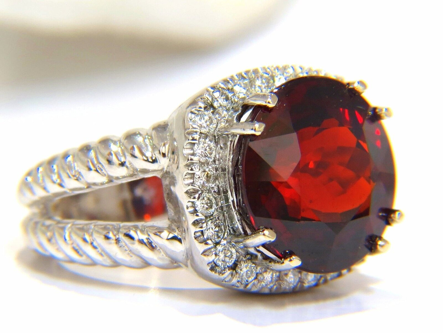 13.12CT NATURAL SPESSARTITE GARNET DIAMONDS RING VIVID RED 14KT ROPE TWIST