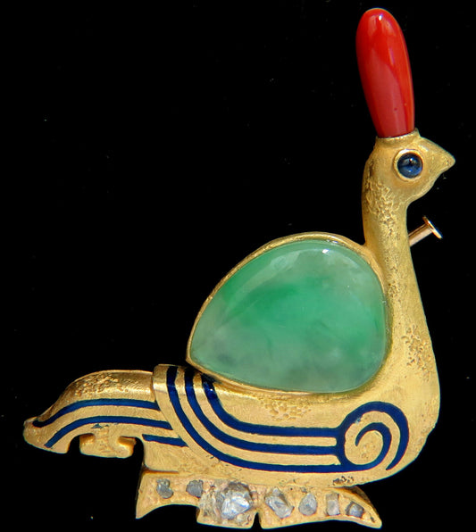 22KT ANCIENT EGYPTIAN REVIVAL JADE CORAL DIAMOND SWAN HIEROGLYPHICS BROOCH PIN