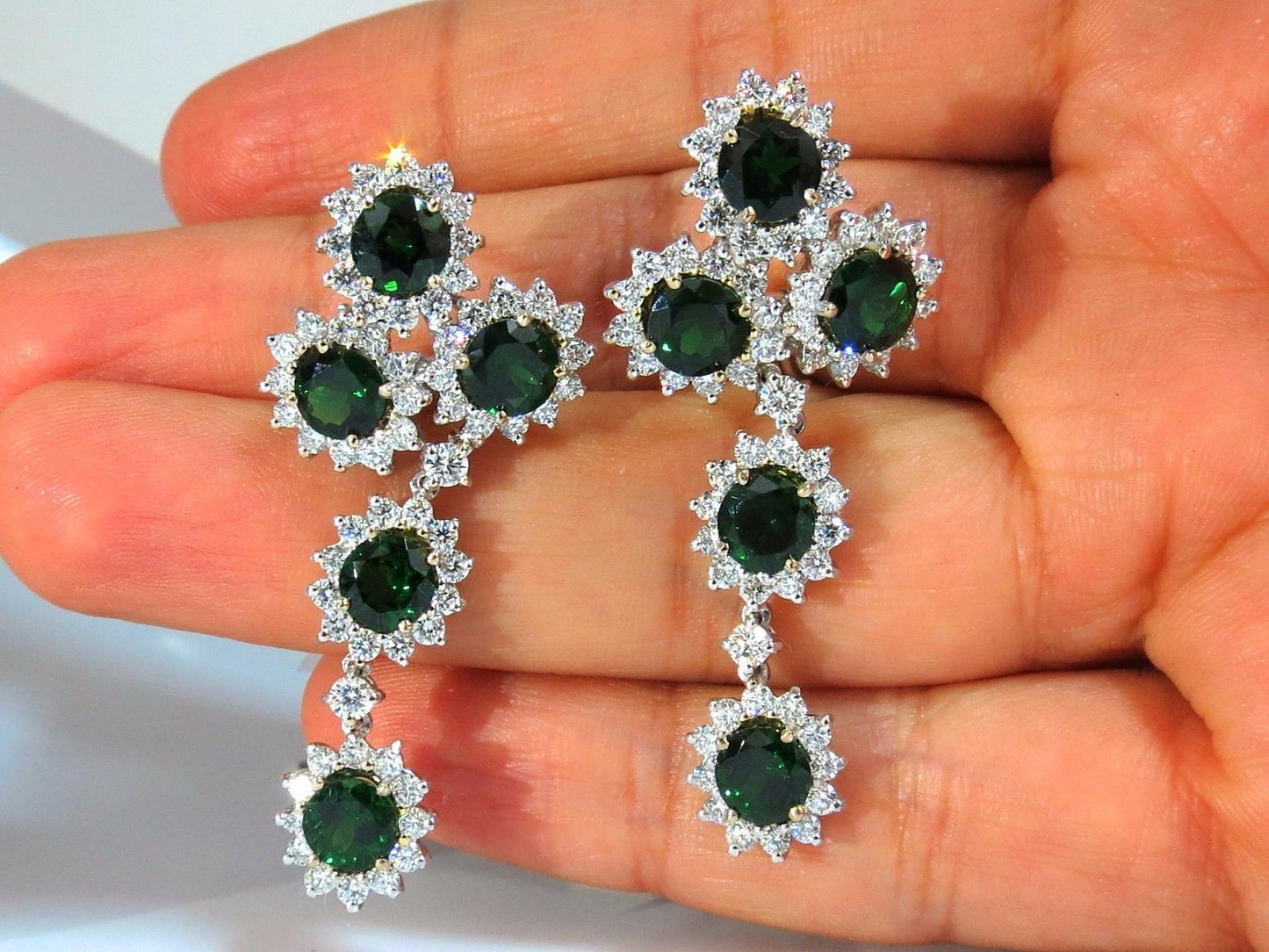 9.20ct natural vivid green tsavorite 4.18ct diamond dangle earrings 18kt cluster