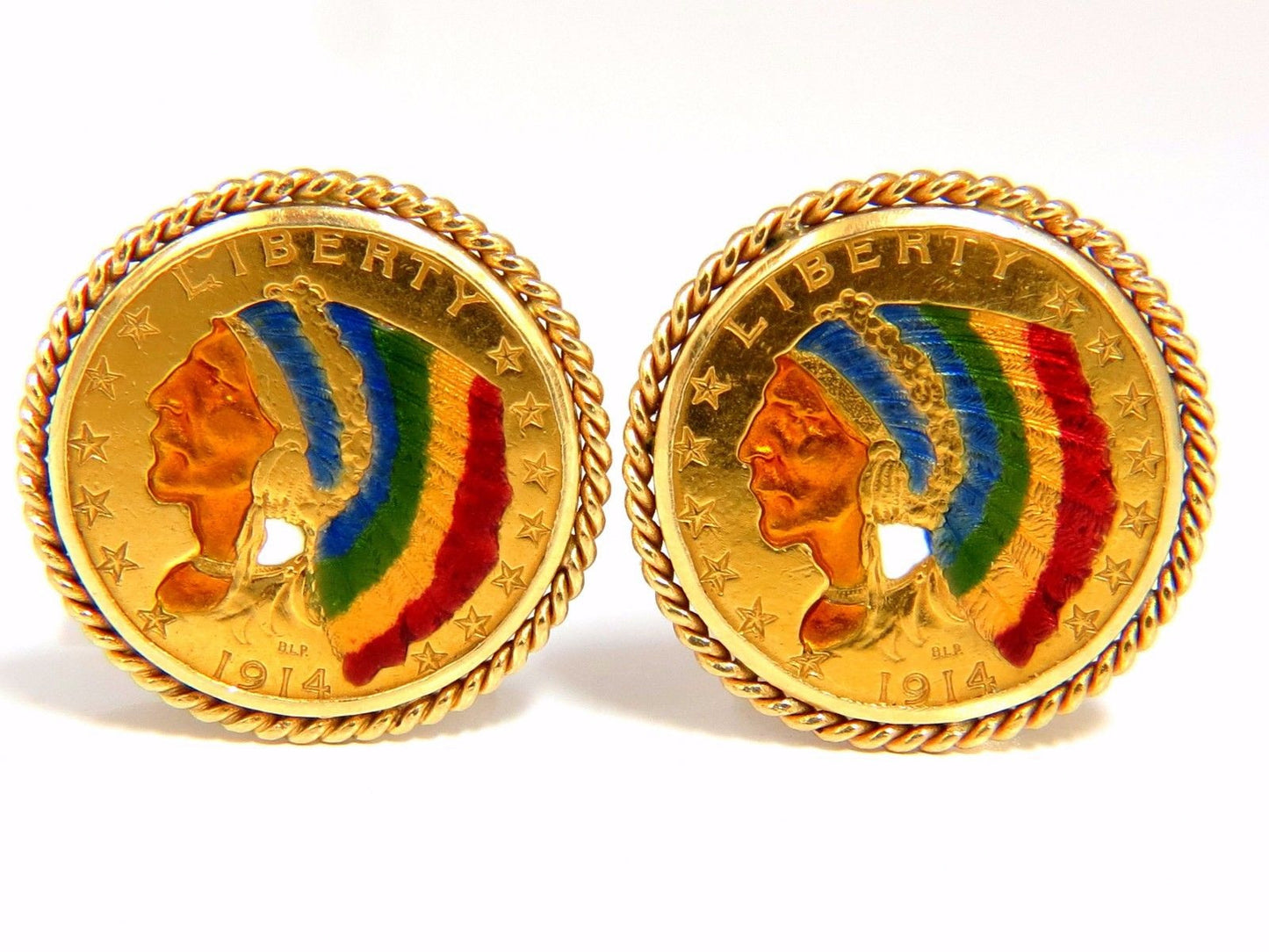 1914 (2) $5 .999 BLP US Liberty Gold Coin Cufflinks enamel detail rope twist