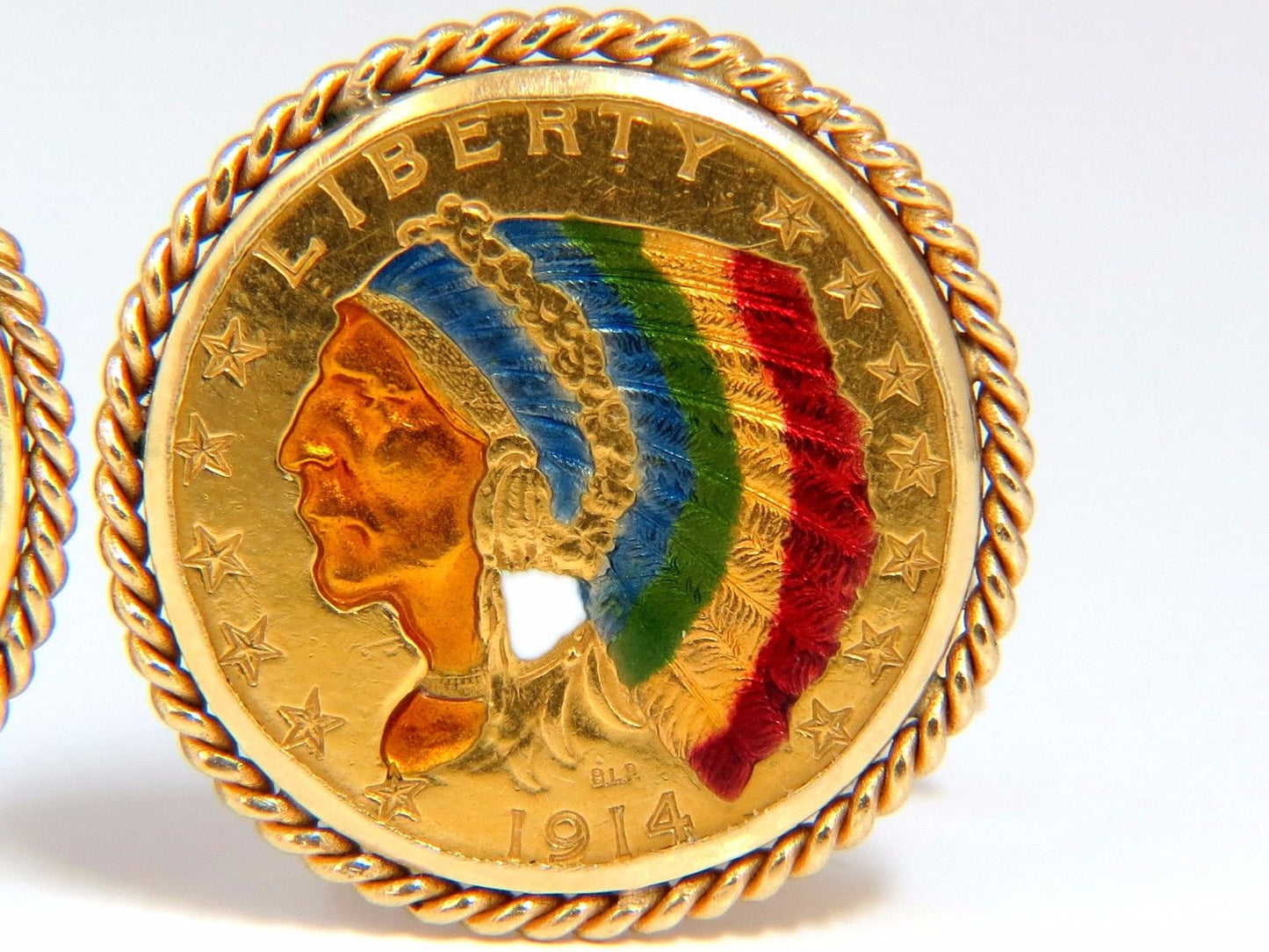 1914 (2) $5 .999 BLP US Liberty Gold Coin Cufflinks enamel detail rope twist