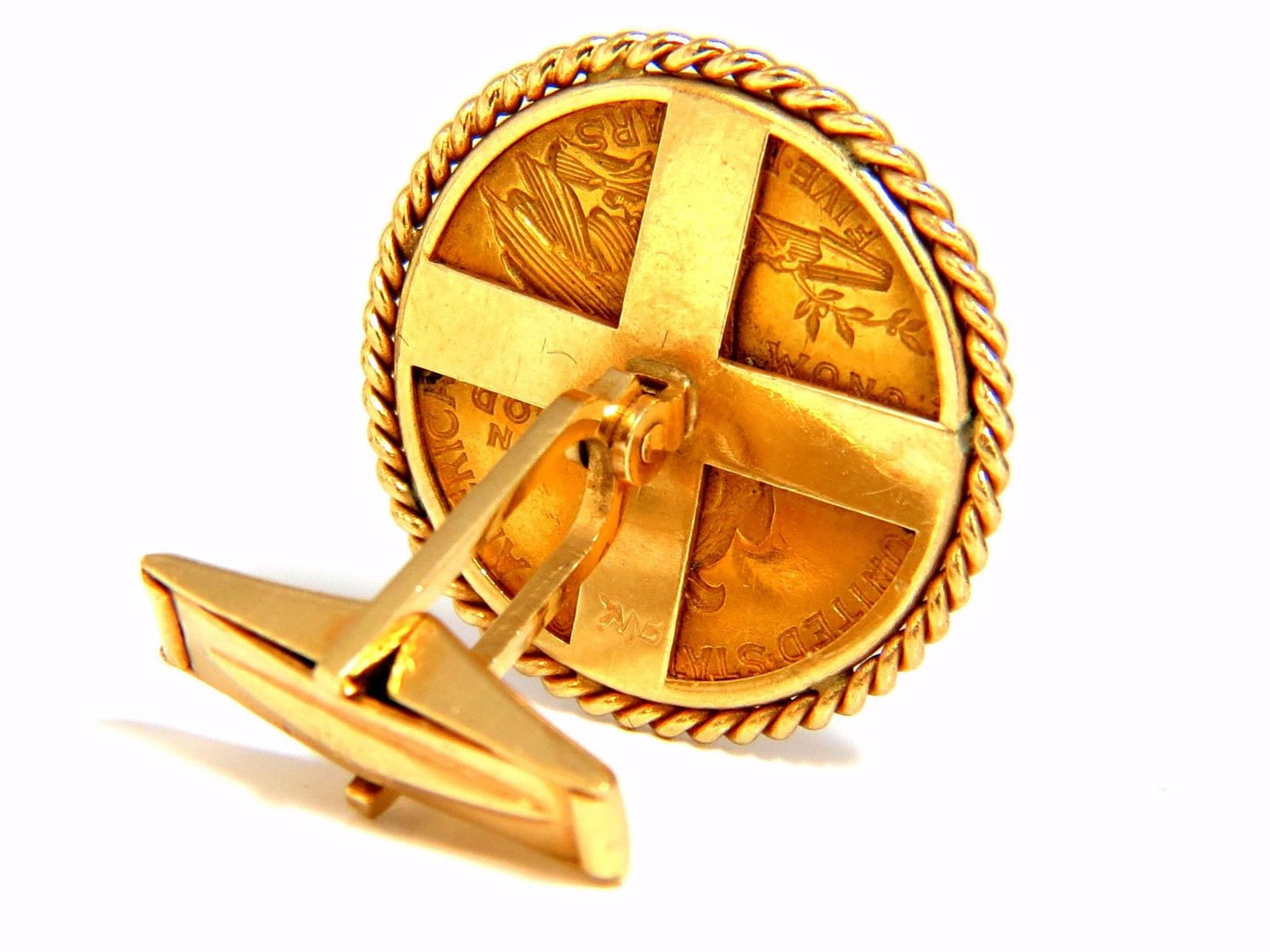 1914 (2) $5 .999 BLP US Liberty Gold Coin Cufflinks enamel detail rope twist