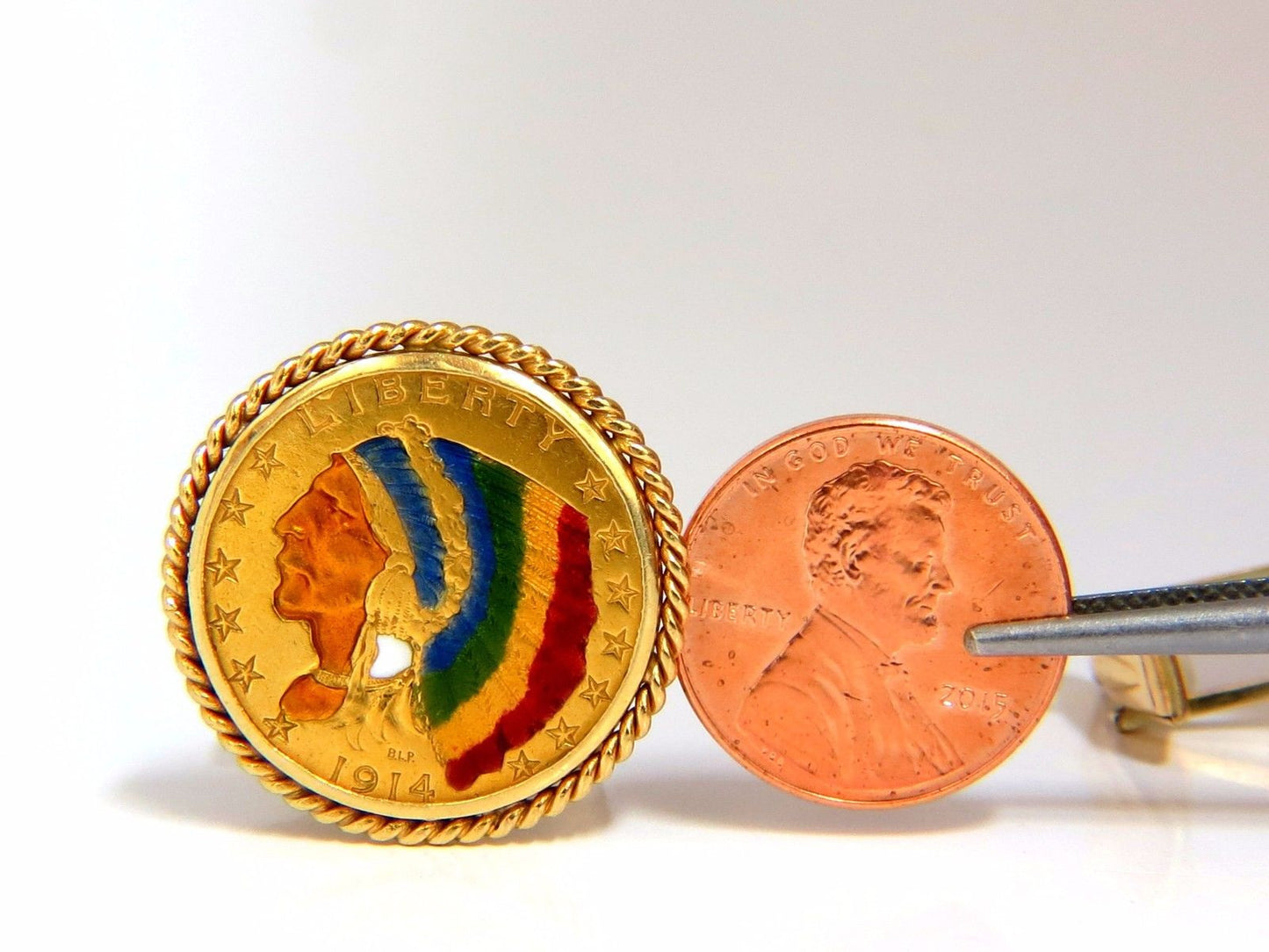 1914 (2) $5 .999 BLP US Liberty Gold Coin Cufflinks enamel detail rope twist