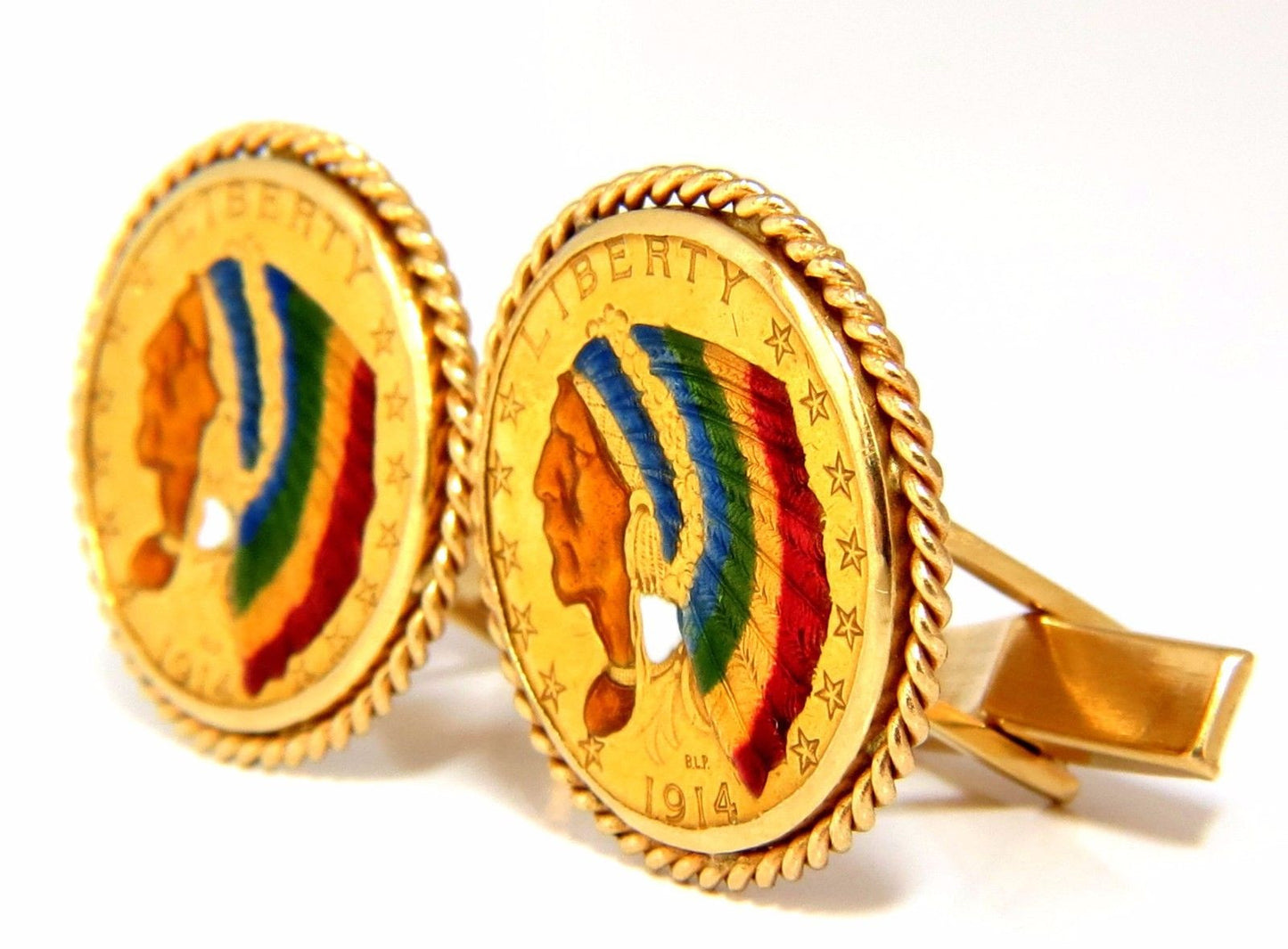 1914 (2) $5 .999 BLP US Liberty Gold Coin Cufflinks enamel detail rope twist