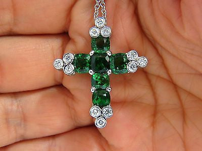 7.42CT NATURAL VIVID GREEN TSAVORITE DIAMONDS CROSS PENDANT 14KT