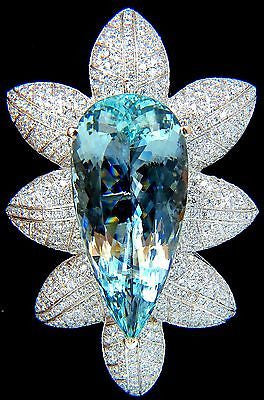 69.37 GIA NATURAL AQUAMARINE DIAMONDS 3D SNOWFLAKE PENDANT BROOCH 18KT