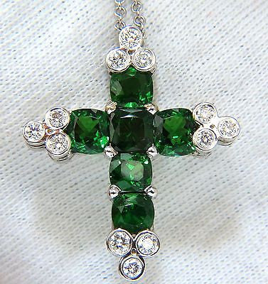 7.42CT NATURAL VIVID GREEN TSAVORITE DIAMONDS CROSS PENDANT 14KT