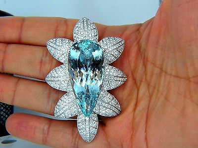 69.37 GIA NATURAL AQUAMARINE DIAMONDS 3D SNOWFLAKE PENDANT BROOCH 18KT