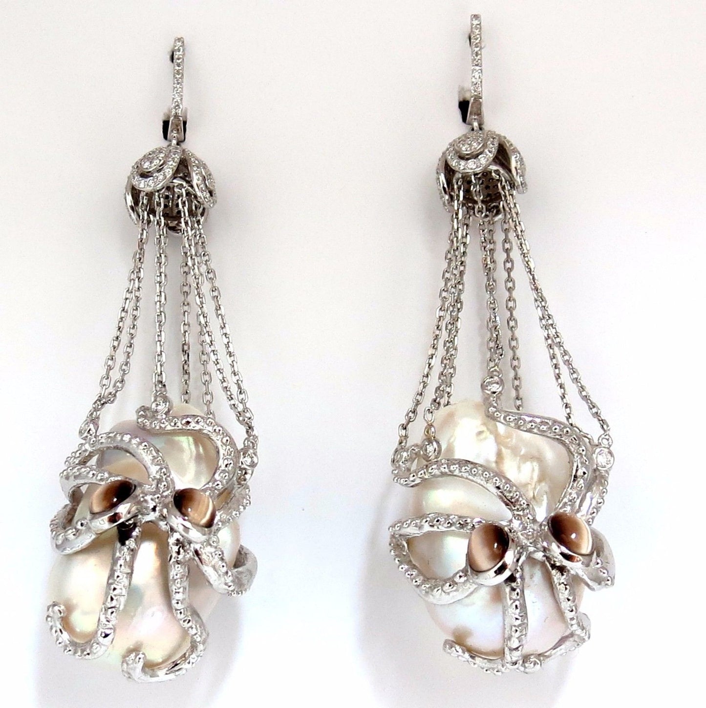 GIA Certified 30mm Baroque Pearls Catseye Ocotopus diamond dangle earrings
