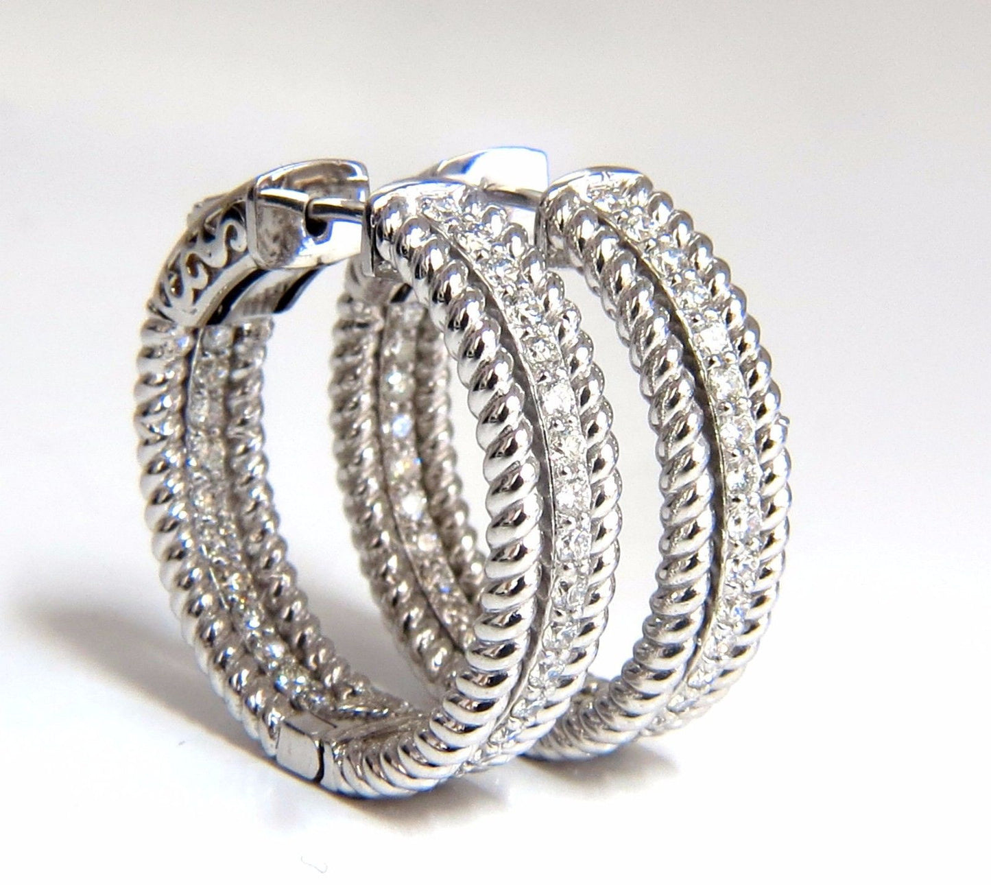 1.00ct natural diamond hoop earrings 14kt g/vs Barley Rope Twist 3D & Button