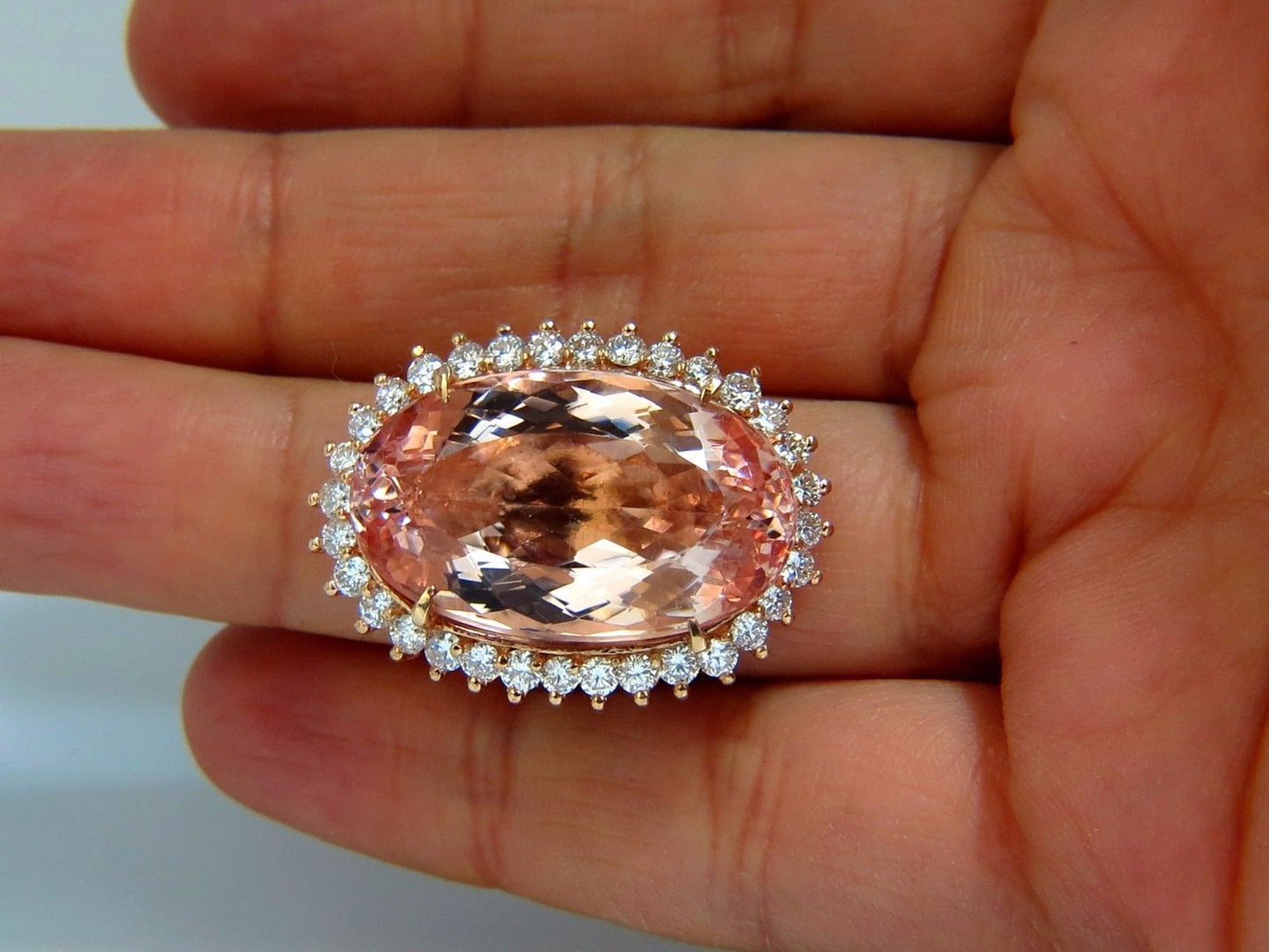 GIA Certified 36.18ct Natural Orangy Pink Morganite Diamonds Ring 18kt