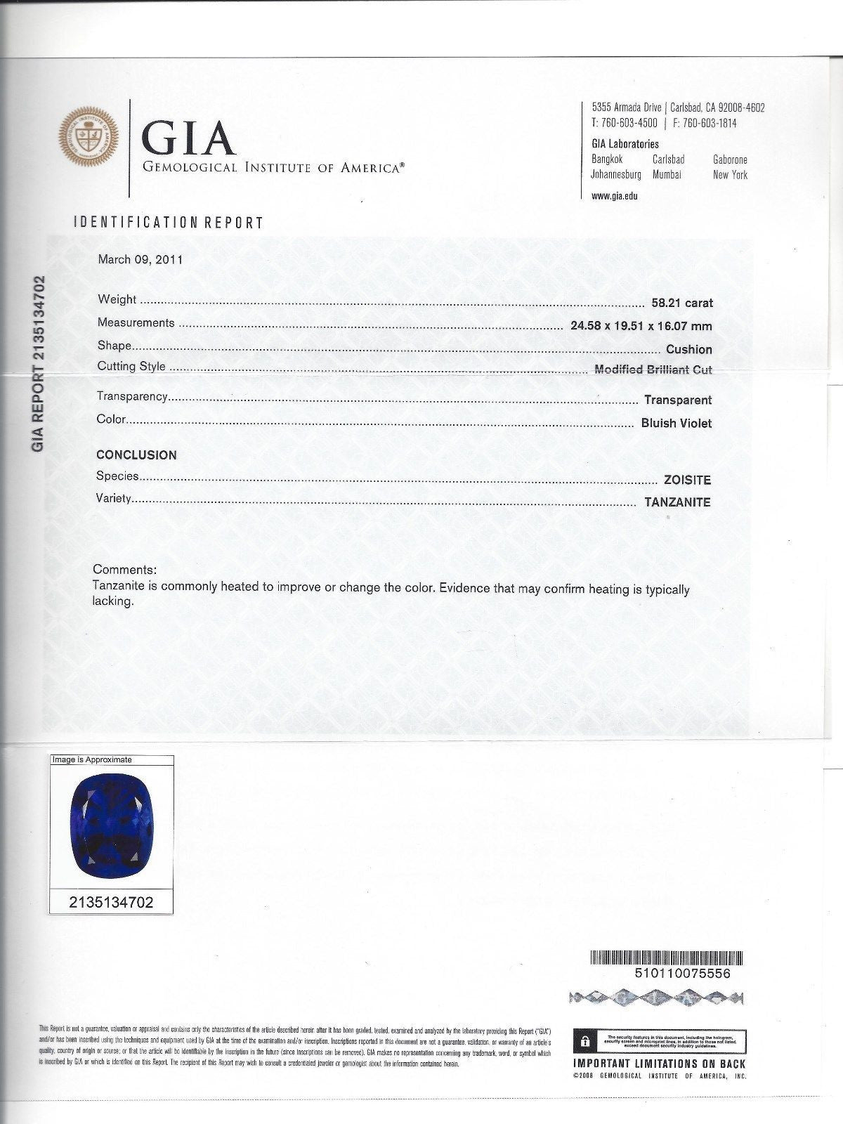 GIA Certified 58.21ct Natural Blue Cushion Cut Tanzanite Magnificent