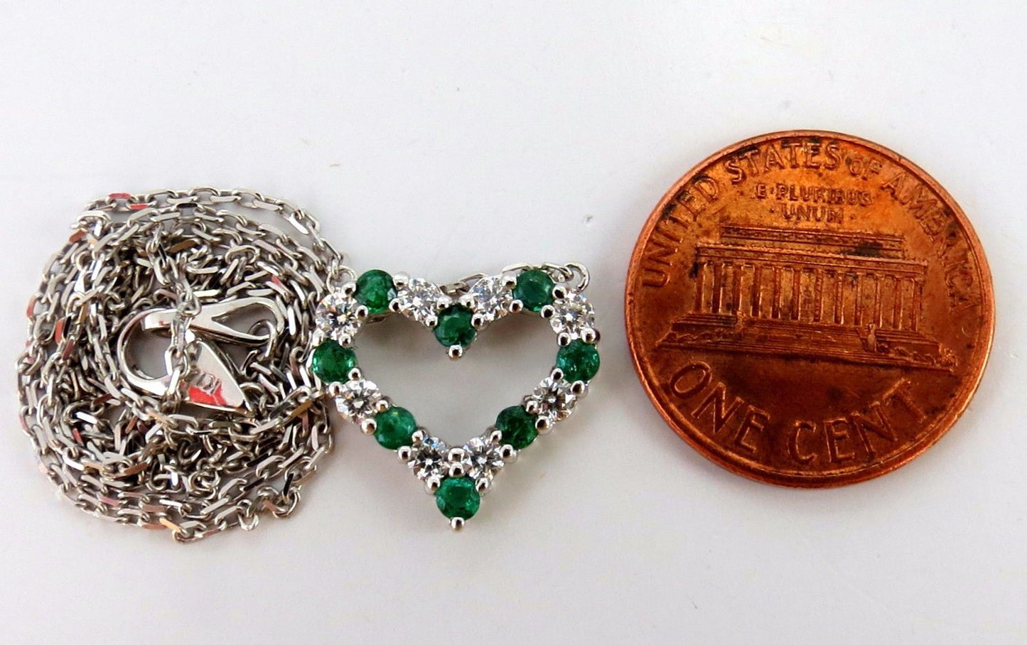 Natural Emeralds & Diamonds open heart necklace .90ct. 14kt G/Vs