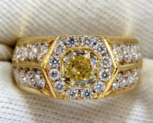 GIA Certified 2.95ct natural Fancy Yellow diamonds mens ring 18kt Hexagon Deck
