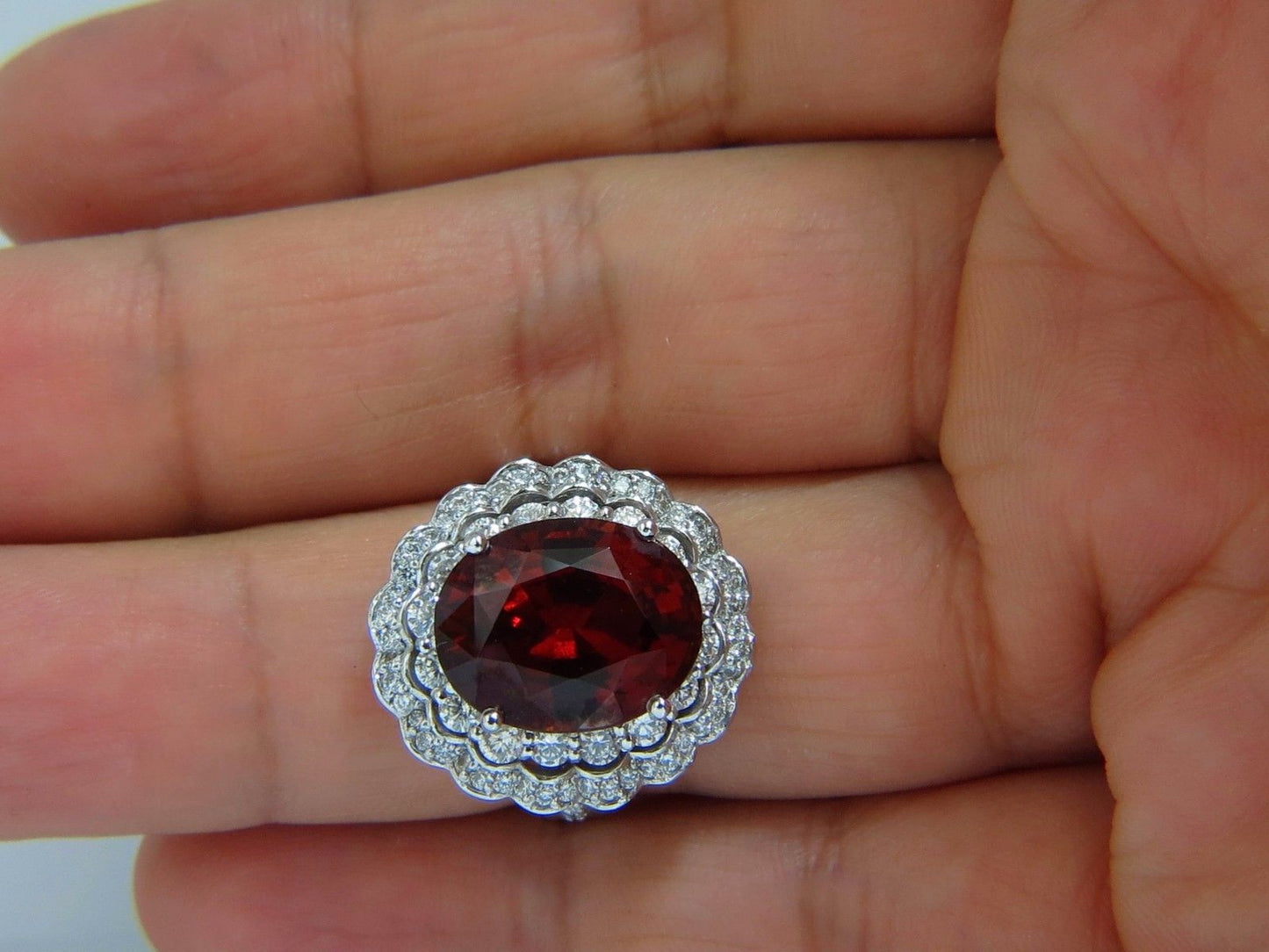 10.90ct Natural Hessonite Garnet Diamonds Ring 14kt Double Halo