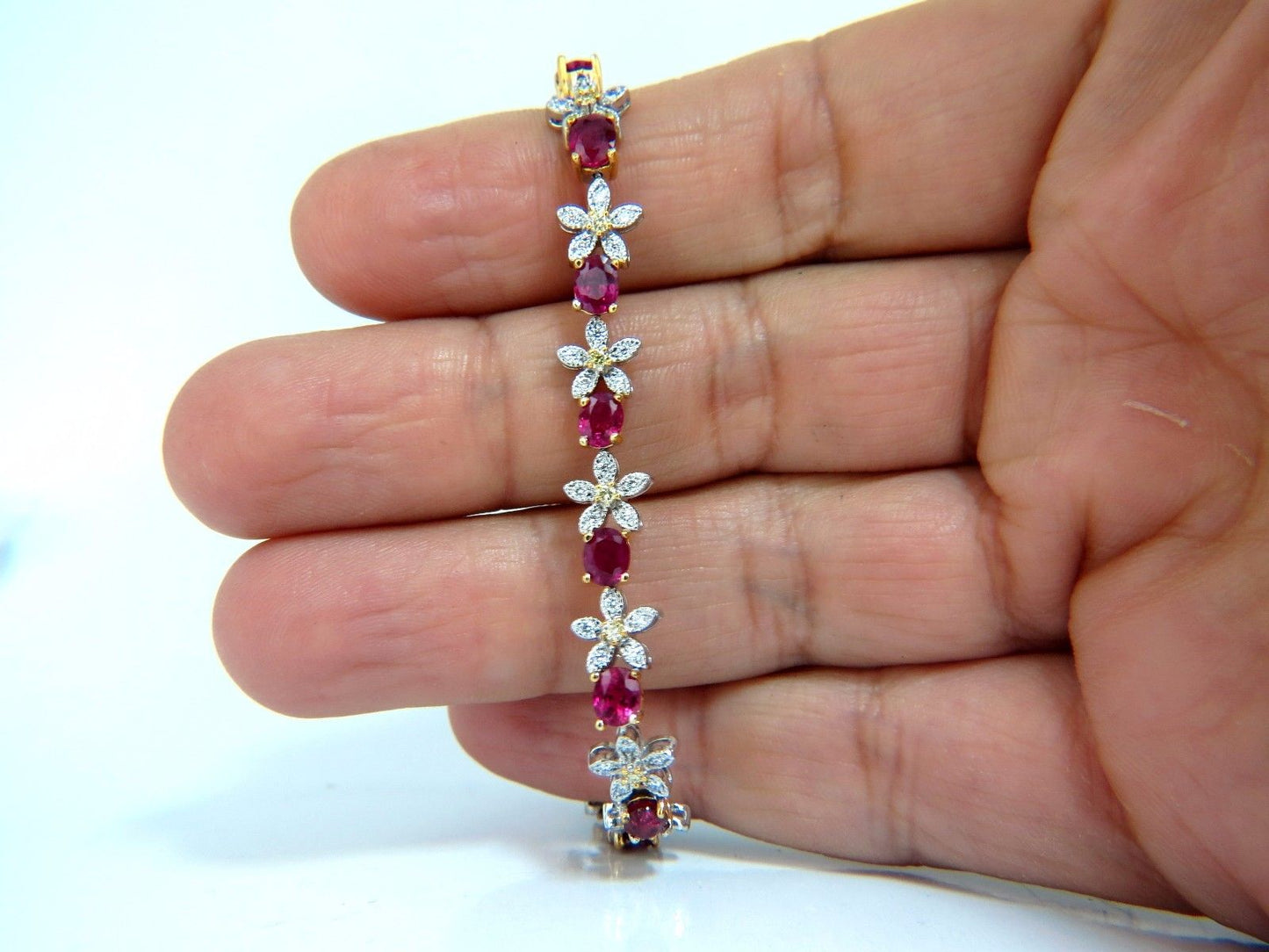 7.27ct Red natural ruby diamonds flower cluster tennis bracelet 18kt