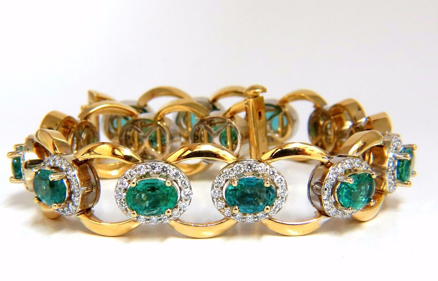 13.10ct Bright vivid green natural emerald diamonds cluster link bracelet 14kt