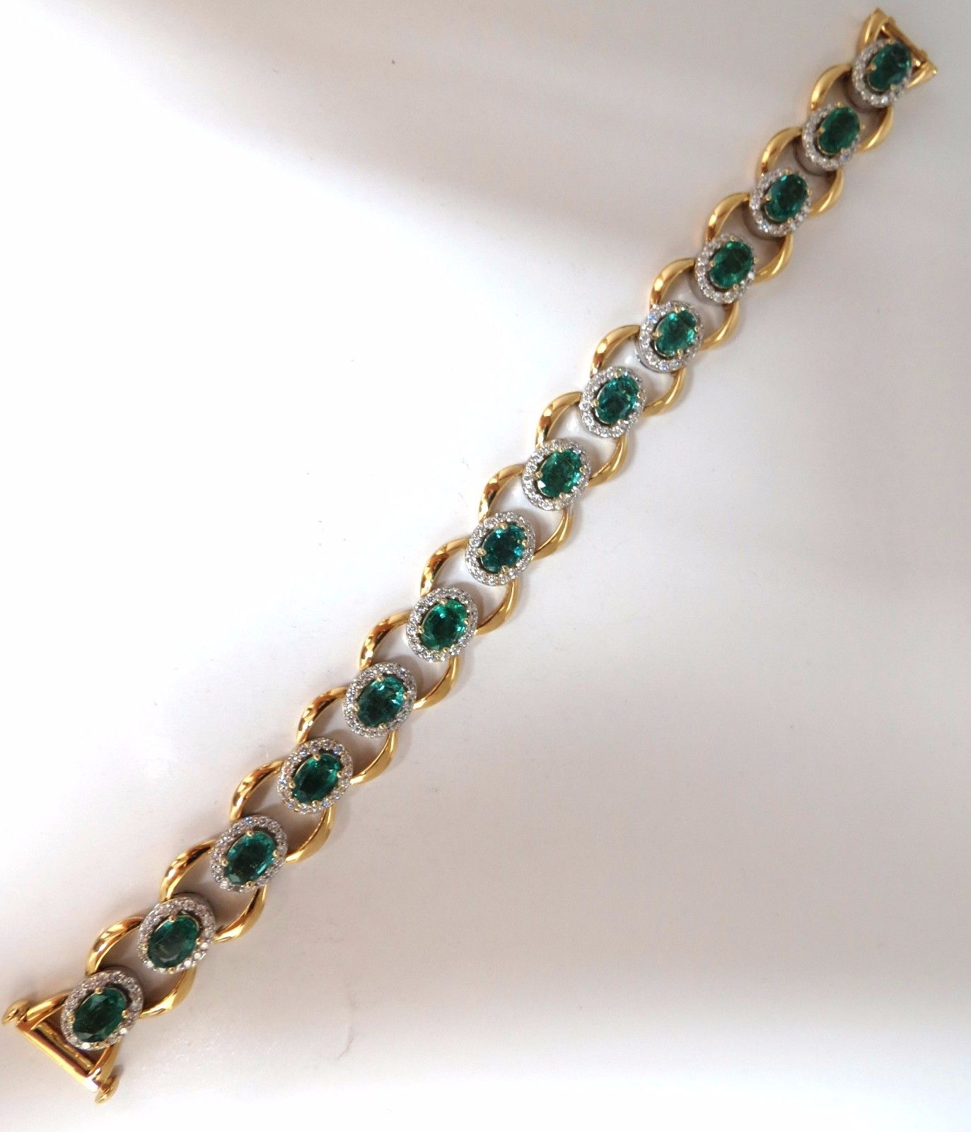 13.10ct Bright vivid green natural emerald diamonds cluster link bracelet 14kt