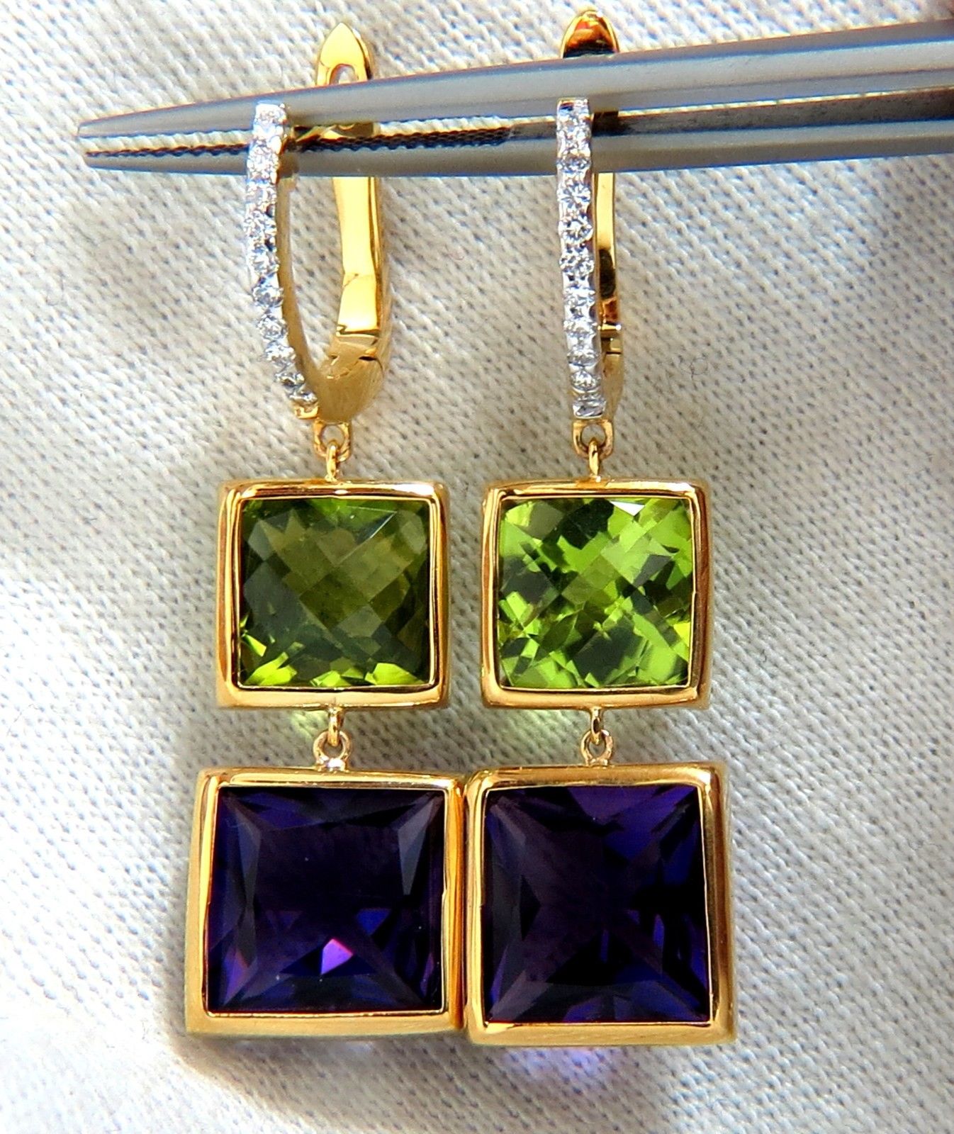 13.05ct Natural Amethyst Peridot Diamond Dangle earrings 14kt