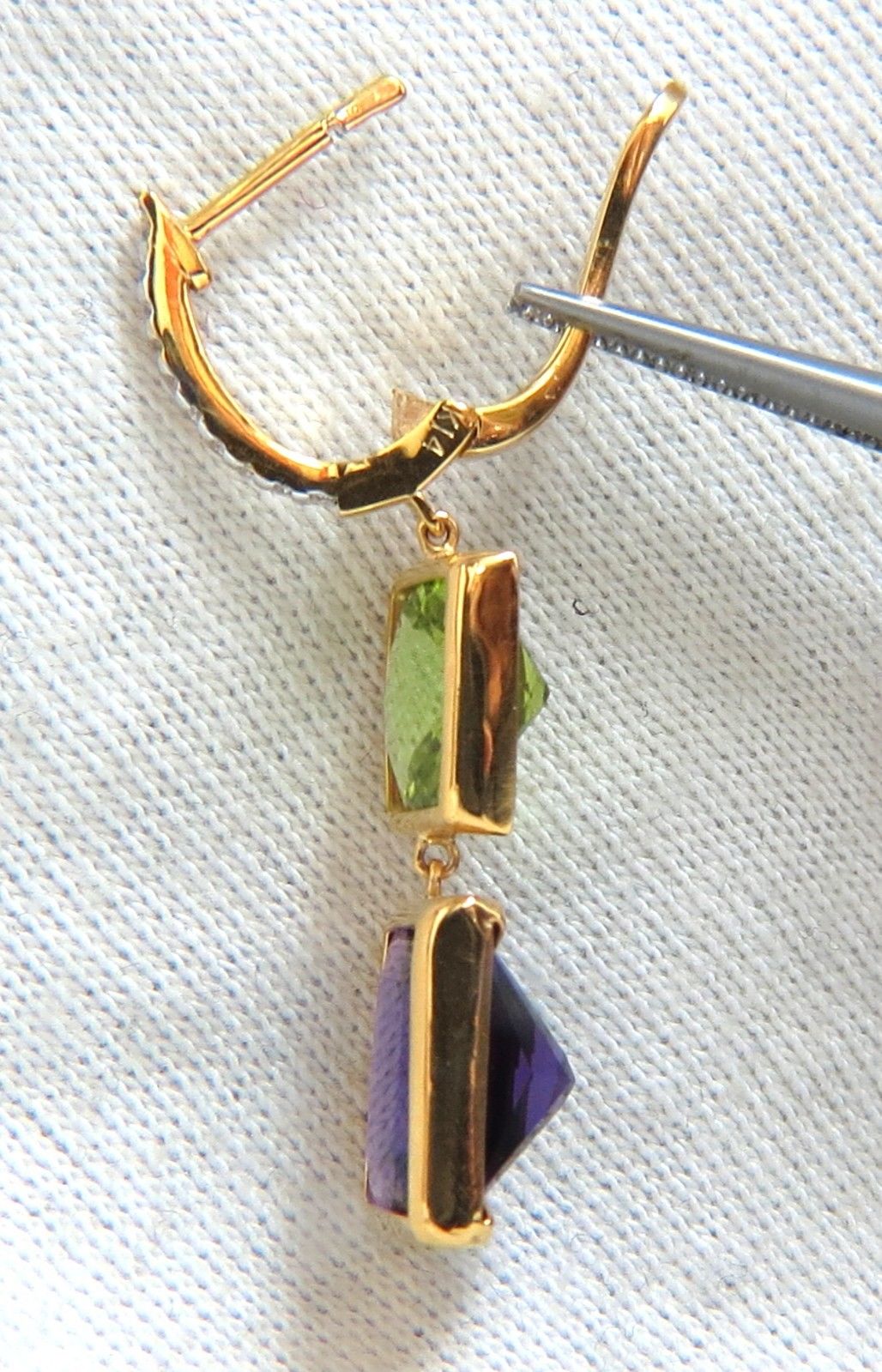 13.05ct Natural Amethyst Peridot Diamond Dangle earrings 14kt