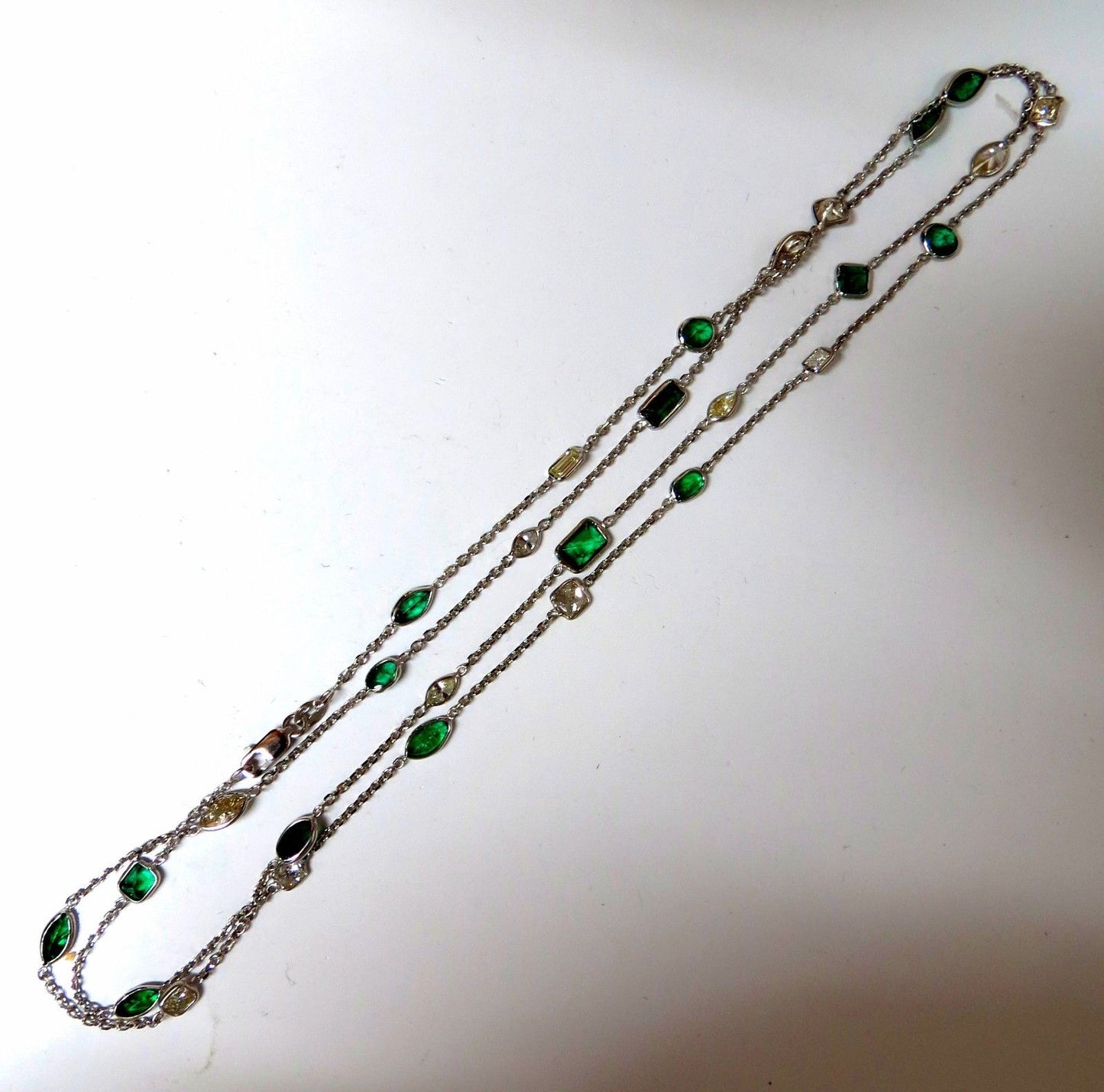 9ct natural emerald & diamond station link yard necklace 14kt / Double Wrap