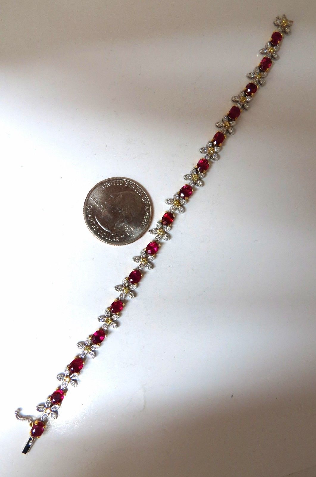7.28ct Red natural ruby diamonds flower cluster tennis bracelet 18kt