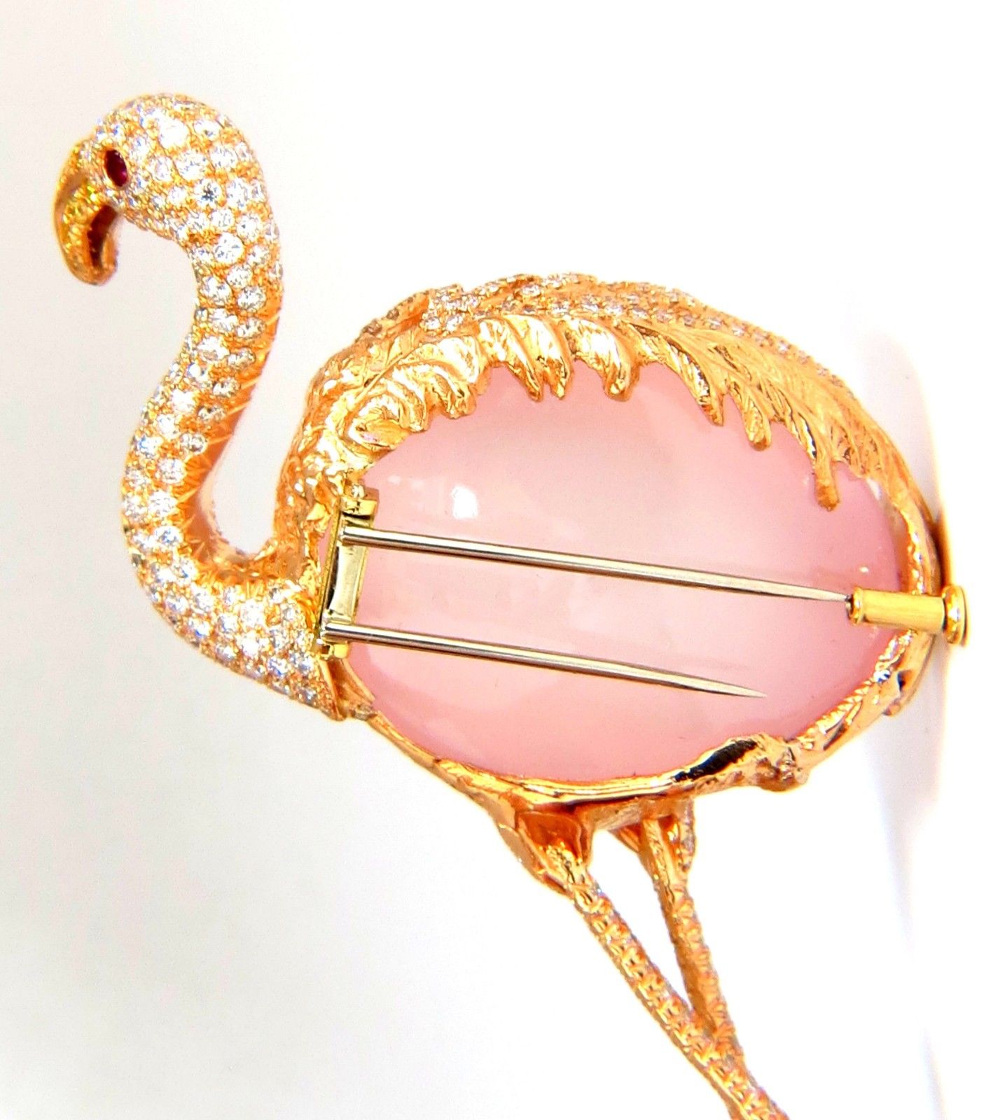 GIA 178ct Natural Rose Quartz Artisan Sexy Flamingo Brooch pin 18kt