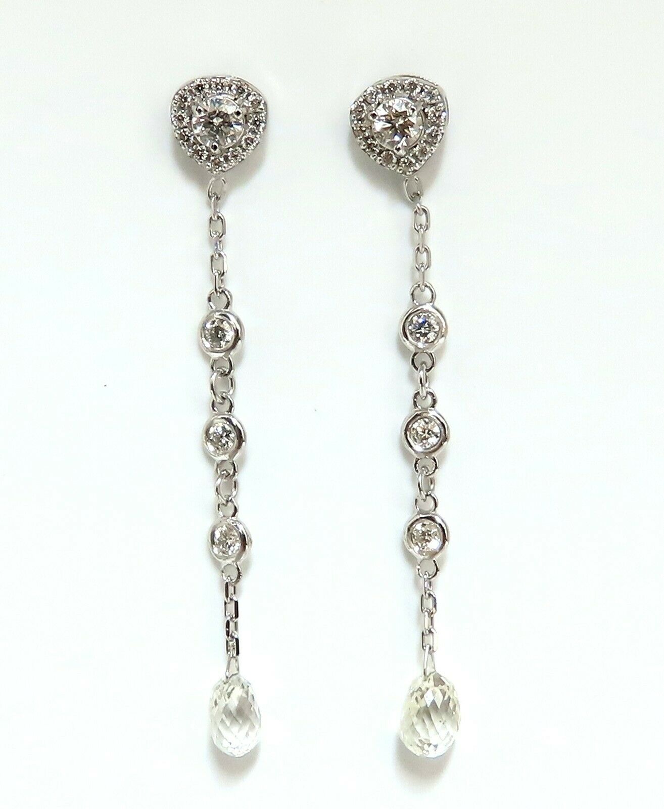 2.20ct Natural Briolette Diamonds Dangle Station Yard Earrings 14 Karat