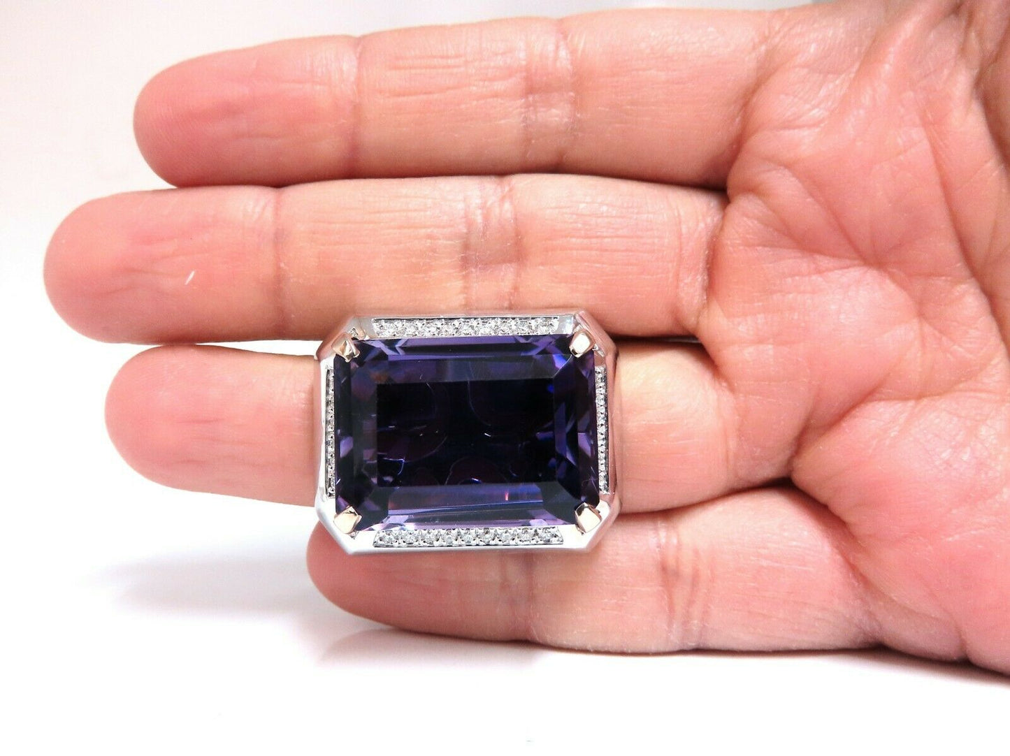 37.23Ct Natural Amethyst Diamond Ring 18 Karat Cocktail Cluster