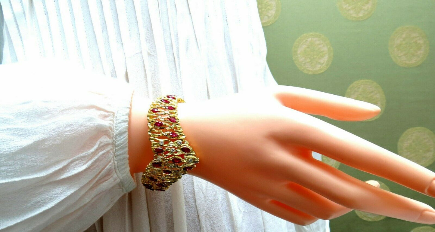 6.00ct Natural Ruby Diamond Coral Patina Chevron Cuff Bracelet 18 Karat