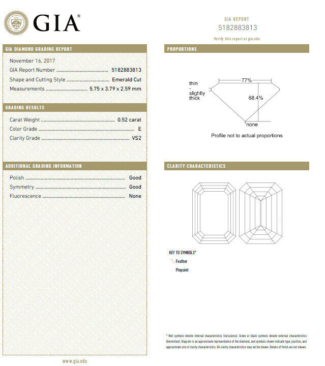 GIA Certified .54ct Emerald Cut diamond ring 18 Karat