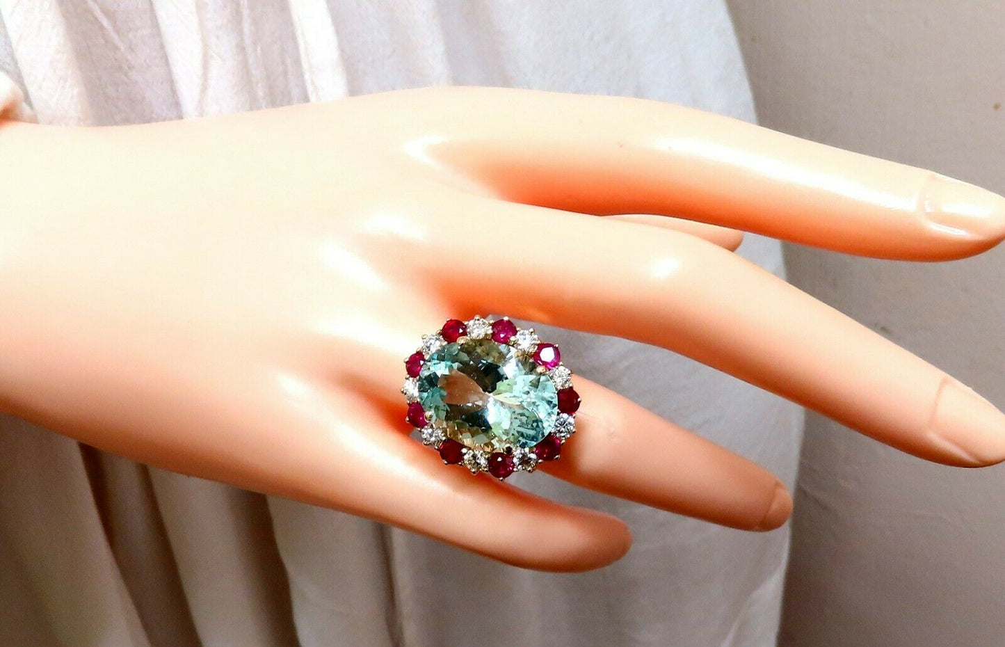 15.34ct Natural Aquamarine Ruby Diamonds Patriot Cluster Cocktail Ring 14 Karat