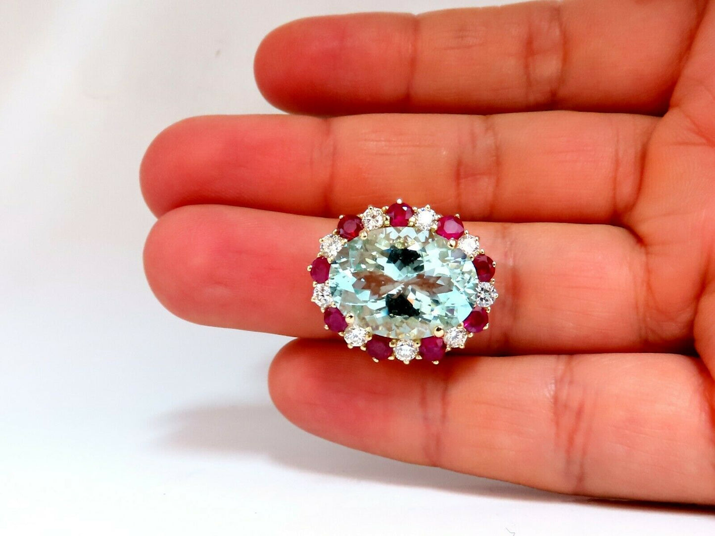 15.34ct Natural Aquamarine Ruby Diamonds Patriot Cluster Cocktail Ring 14 Karat