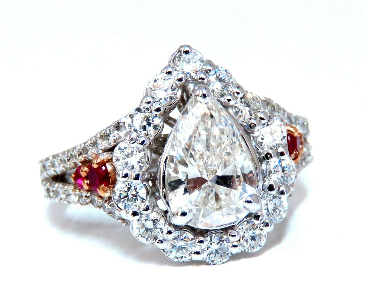 2.40ct Natural Pear Shaped Diamond Ruby Cocktail Halo Cluster Ring 14 Karat