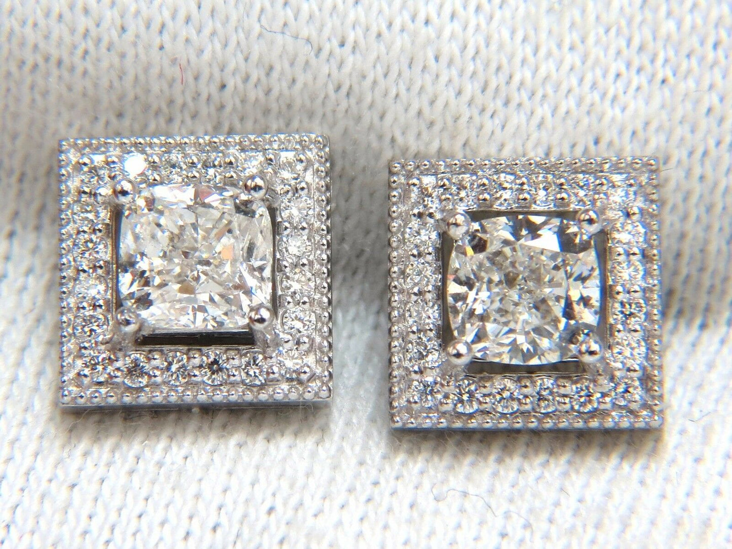 GIA Certified 1.00ct & 1.01ct Square Halo Cushion cut diamond stud earrings 14k