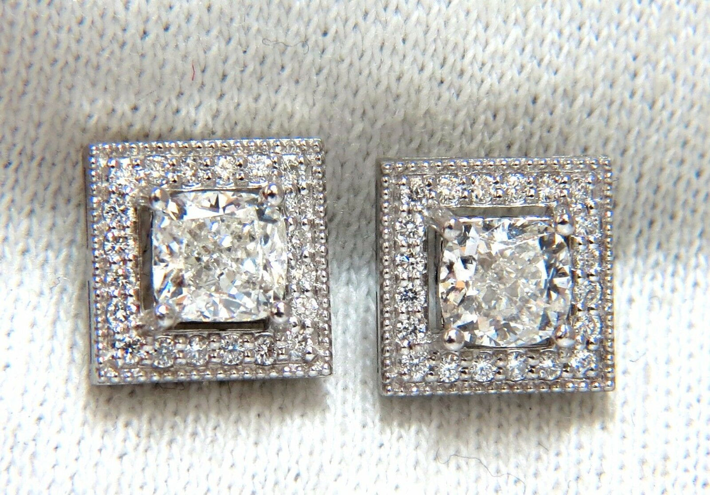 GIA Certified 1.00ct & 1.01ct Square Halo Cushion cut diamond stud earrings 14k