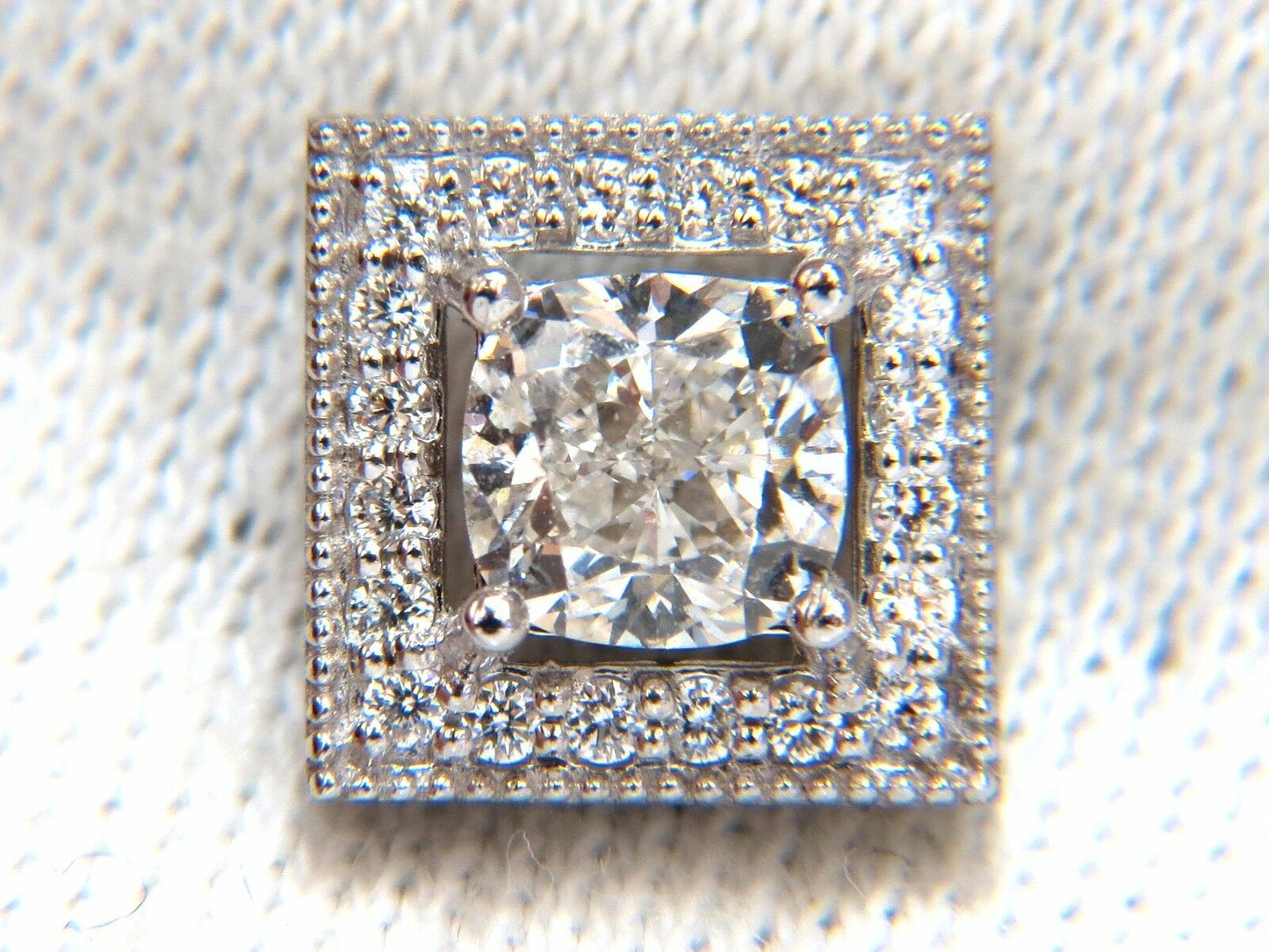 GIA Certified 1.00ct & 1.01ct Square Halo Cushion cut diamond stud earrings 14k