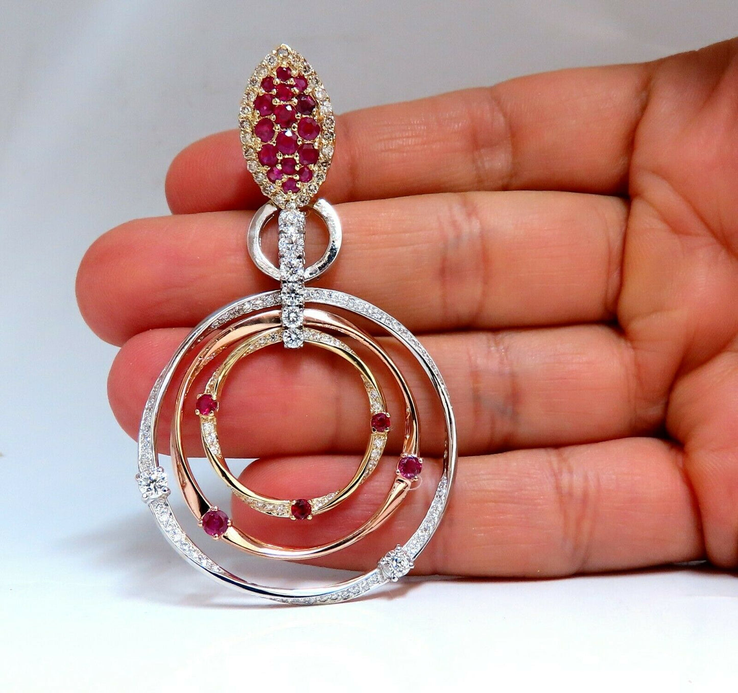 7.38ct Natural Ruby Diamond Dangle Chandelier Earrings 14 Karat Gold Omega
