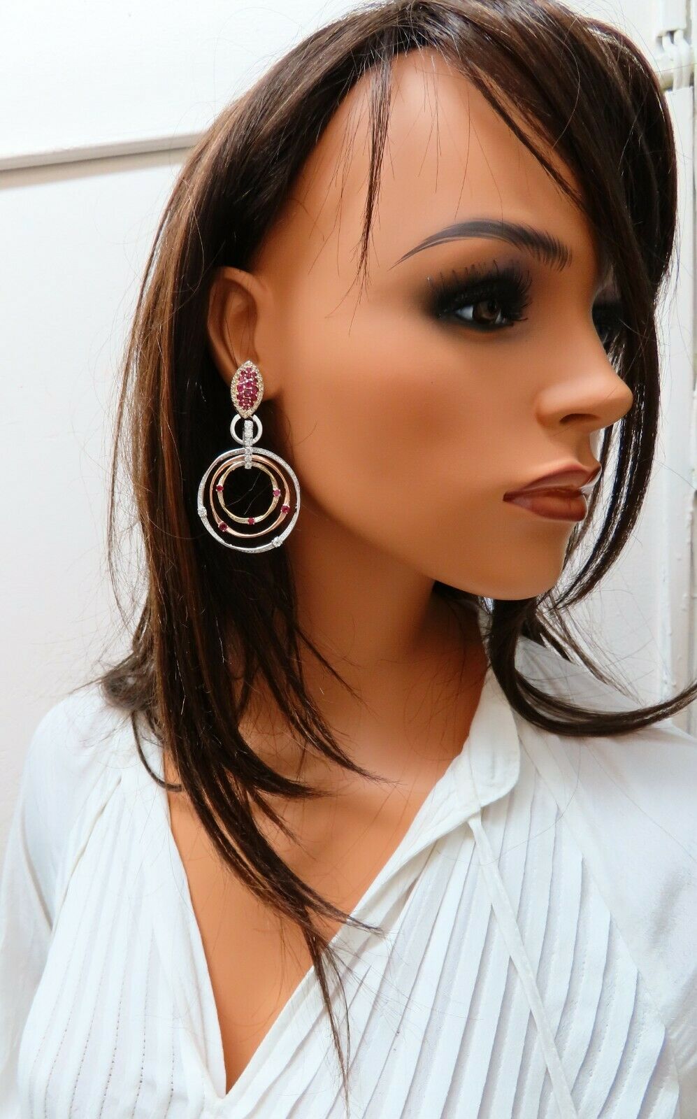 7.38ct Natural Ruby Diamond Dangle Chandelier Earrings 14 Karat Gold Omega