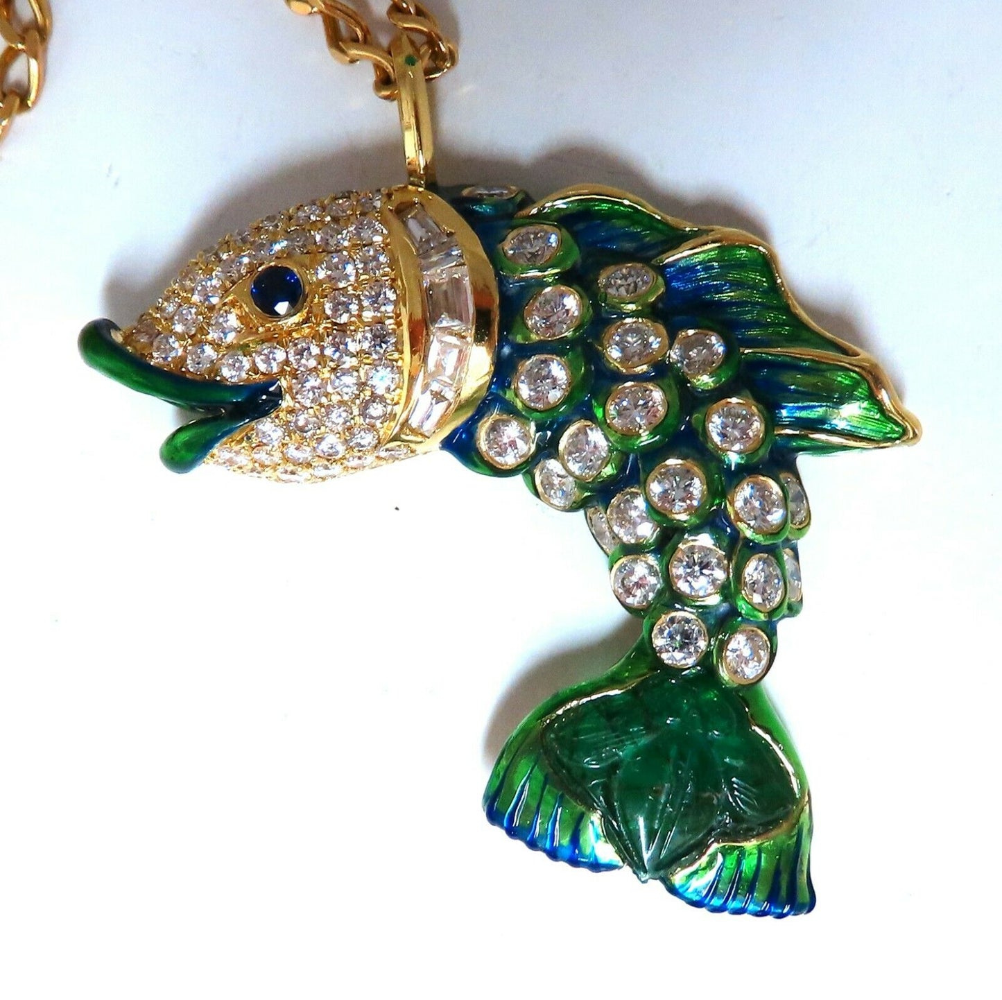 10.12ct Natural Sapphire Emerald & Diamonds Enamel Fish Pendant 18kt