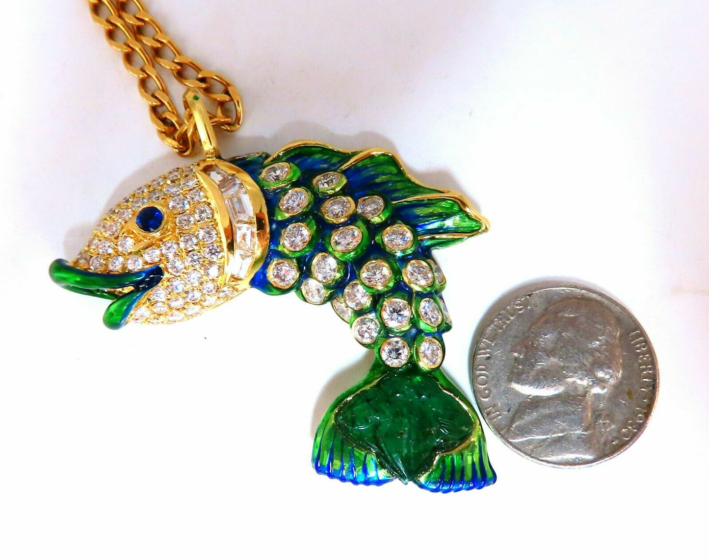 10.12ct Natural Sapphire Emerald & Diamonds Enamel Fish Pendant 18kt