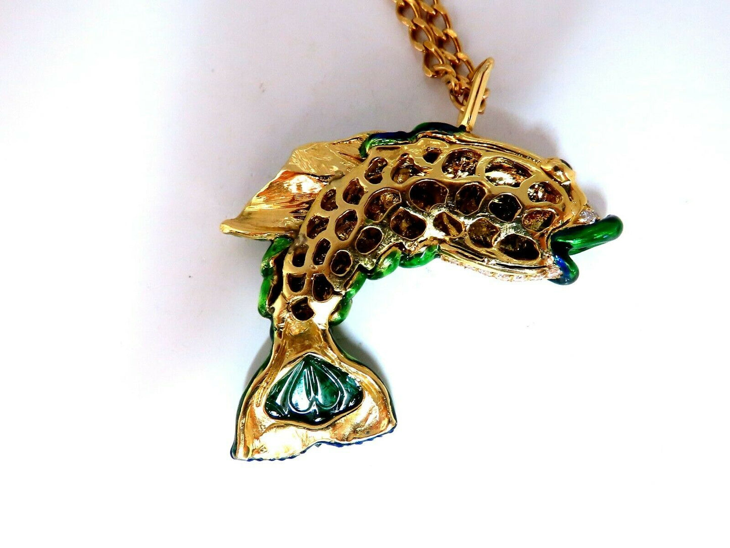 10.12ct Natural Sapphire Emerald & Diamonds Enamel Fish Pendant 18kt